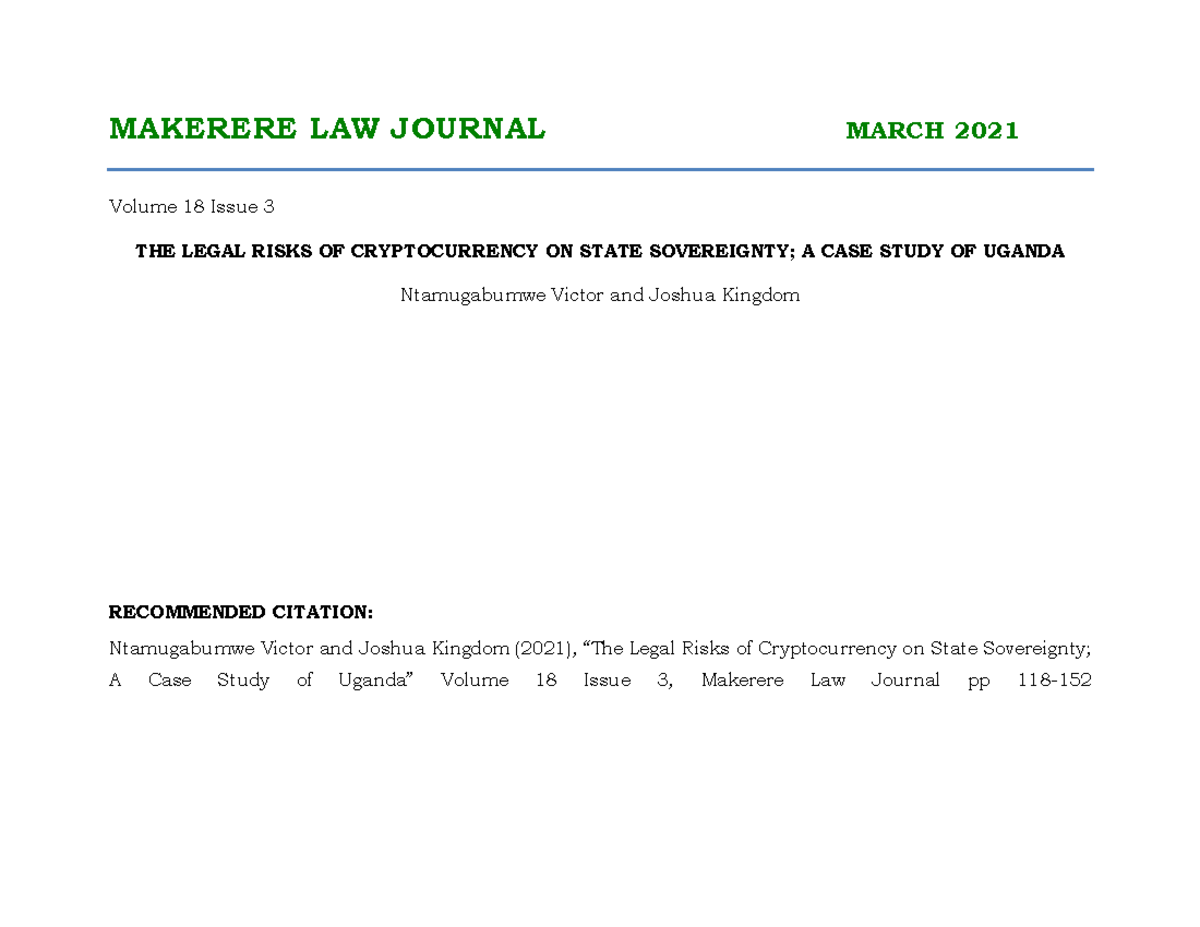 Legal Risks of Cryptocurrency on State Sovereignty: Uganda Case Study - LAW  101 - Studocu