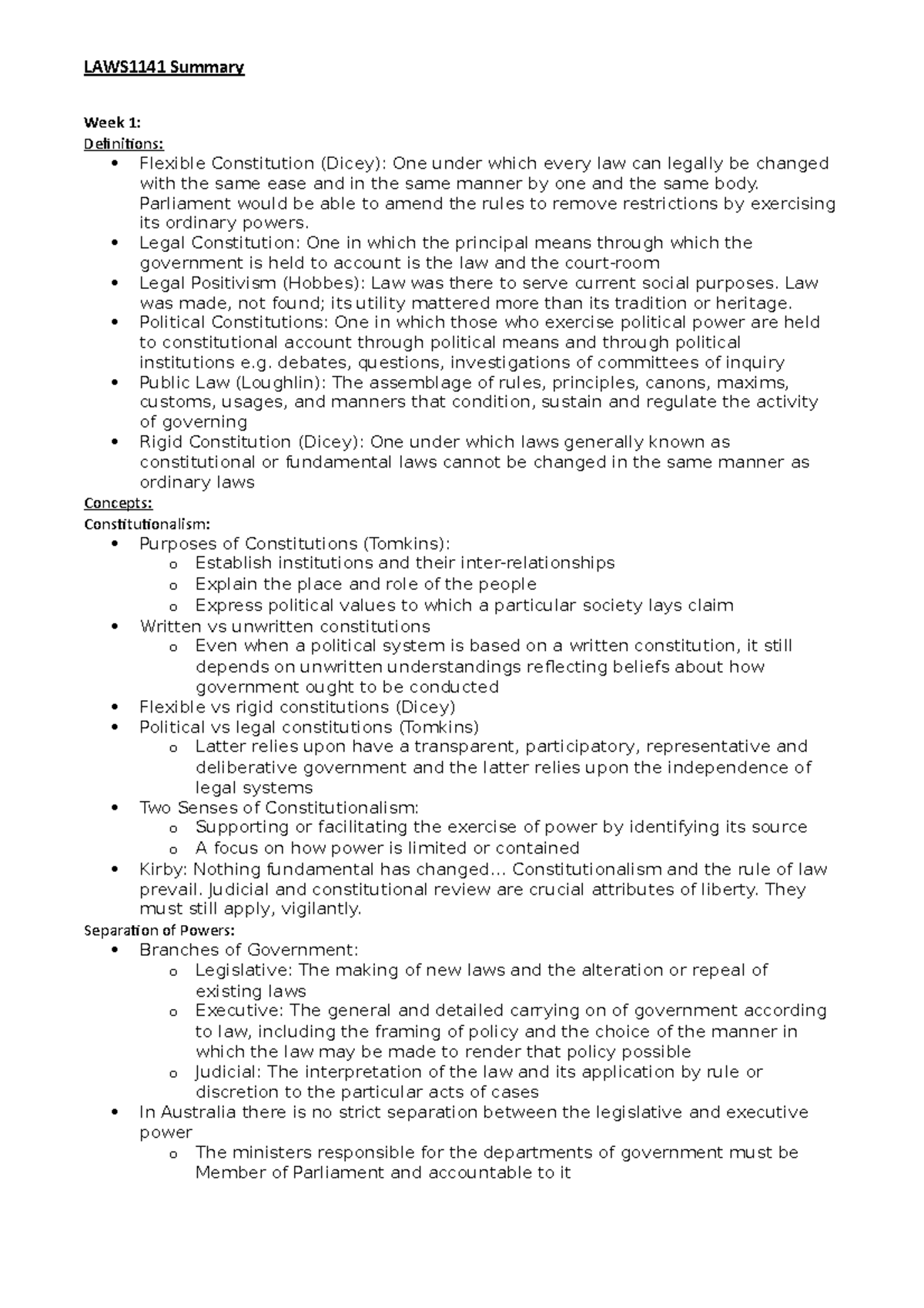 LAWS1141 - Summary Notes for Exam Preparation on Constitutional Law ...