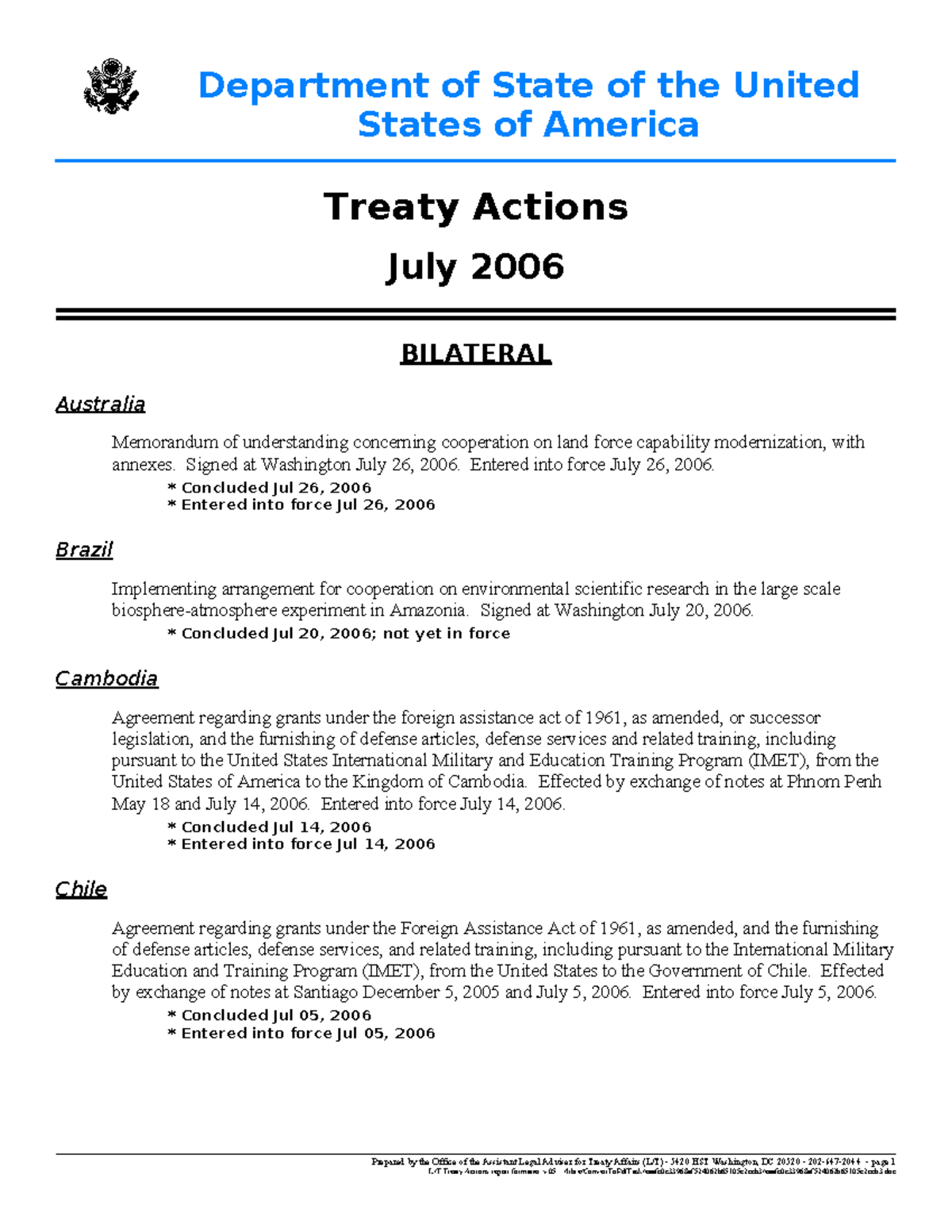 US Treaty Actions Report - July 2006: Bilateral Agreements Overview ...