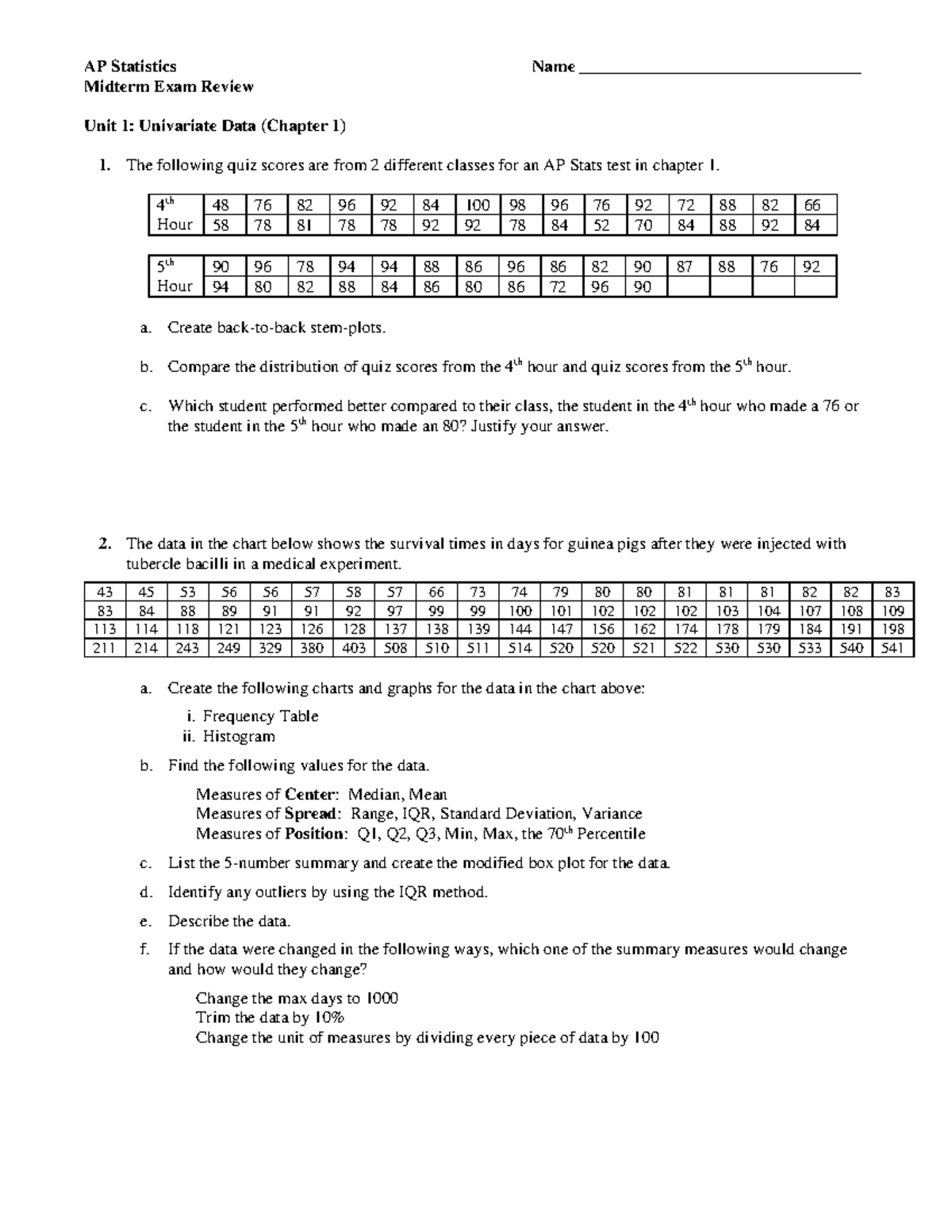 AP Statistics Midterm Exam Review: Univariate Data (Unit 1) - Studocu