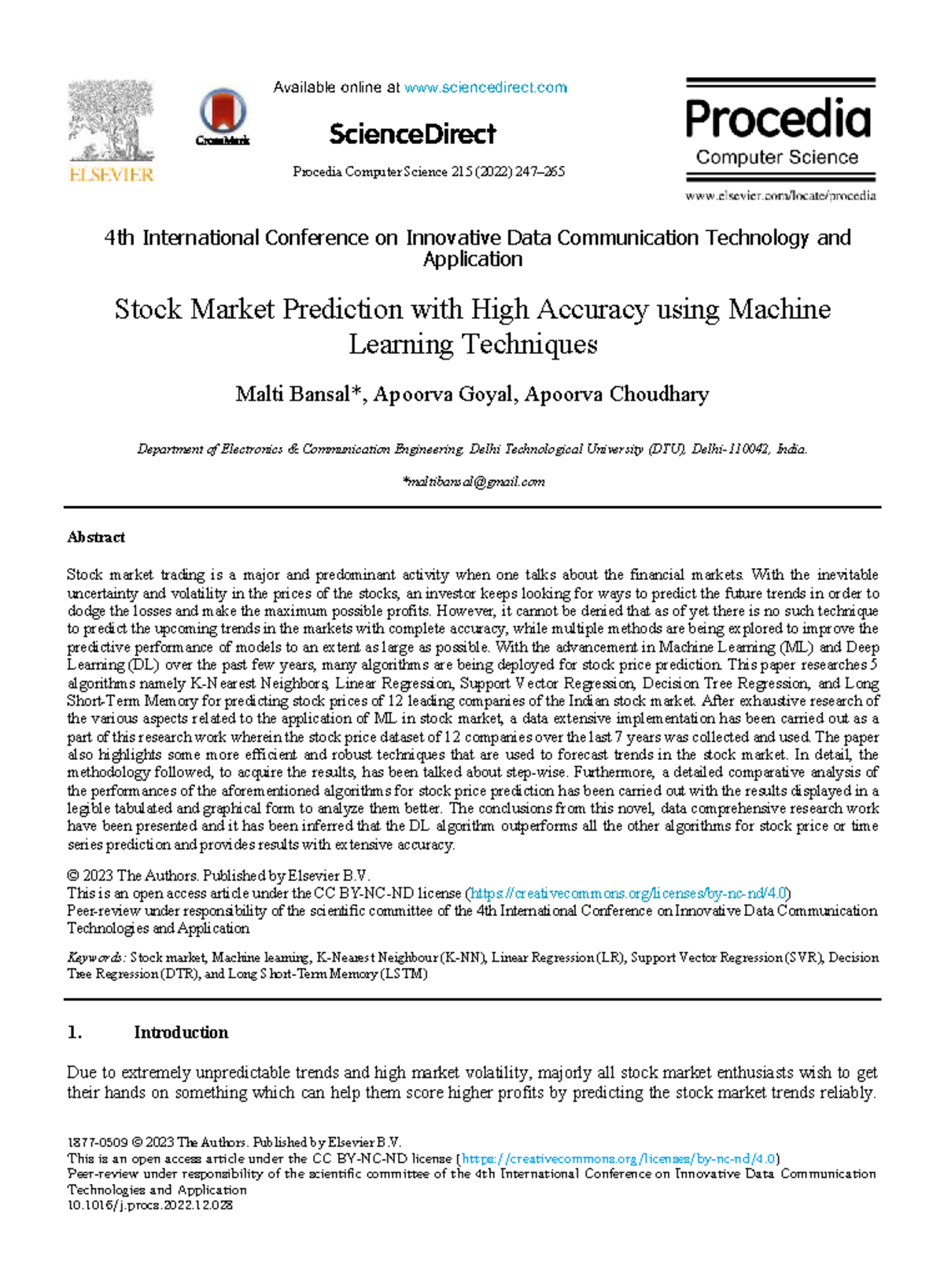 Stock Market Prediction Using ML Techniques: A Comparative Study (CSE ...