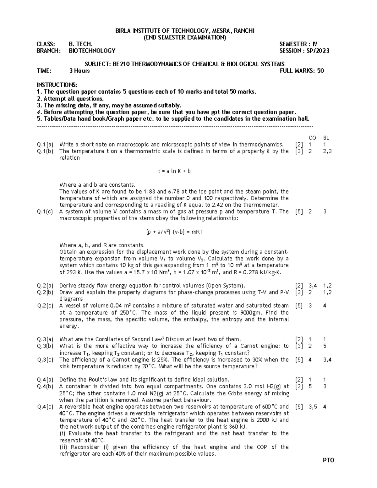 BE210 Thermodynamics of Chemical & Biological Systems IV (End Sem Exam ...