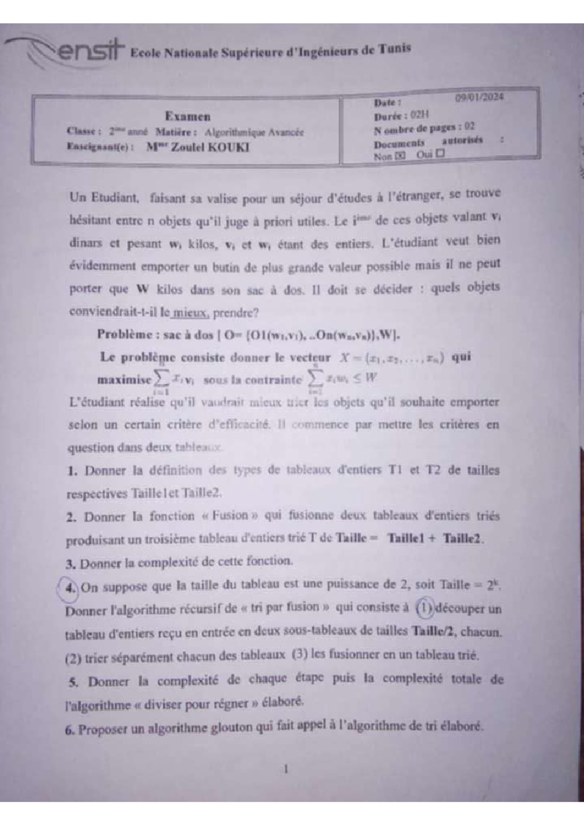 Algorithmique Avancée - Examen 1 - hki (Durée: 2H) - Studocu