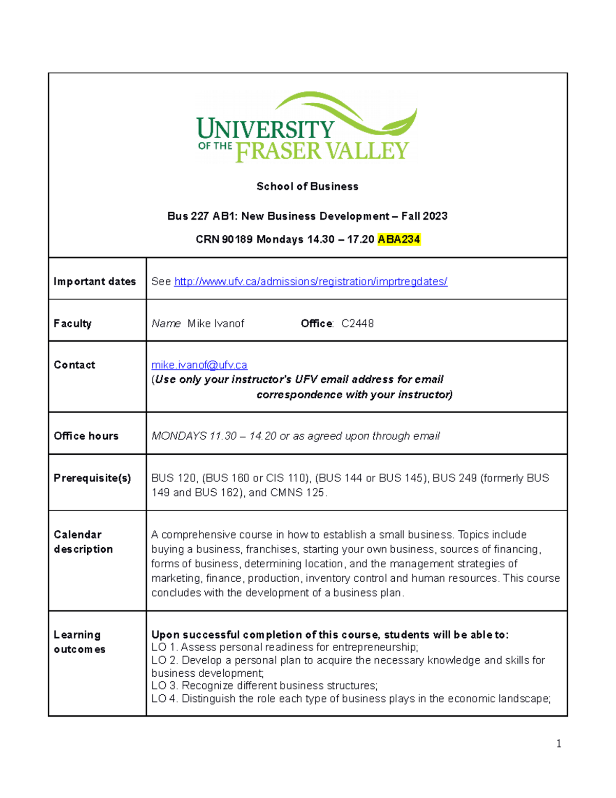 BUS 227 Course Outline: New Business Development - Fall 2023 - Studocu