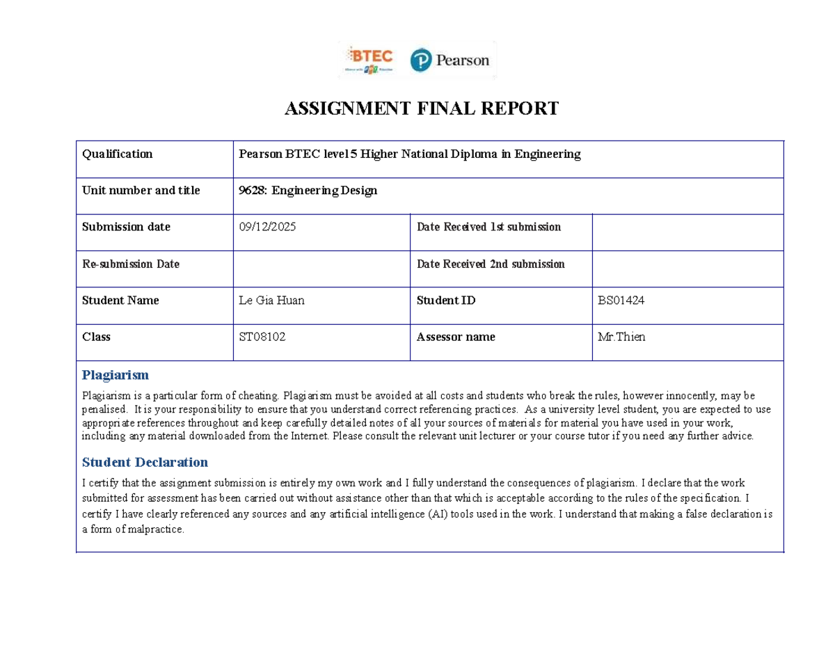 BTEC Level 5 HND Engineering Design Final Report - Unit 9628 - Studocu