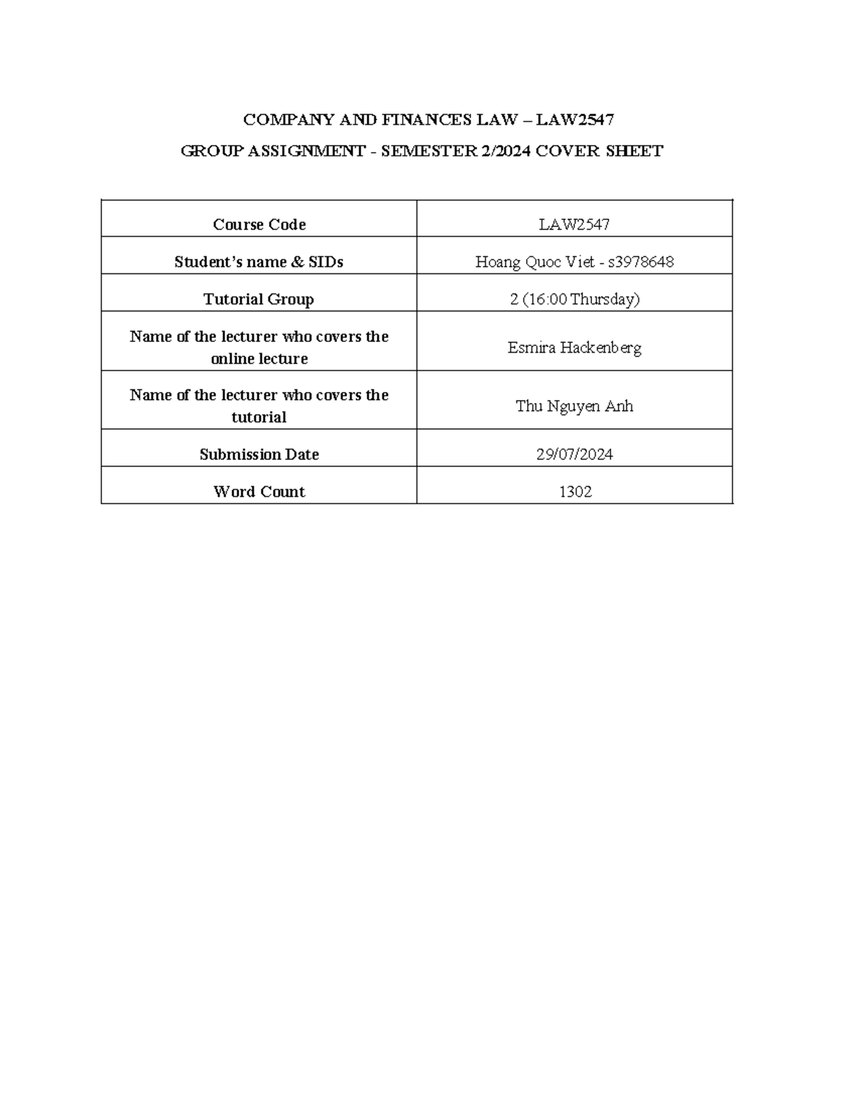 Assignment 1 Overview - LAW2452: Corporate Law Case Analysis - Studocu