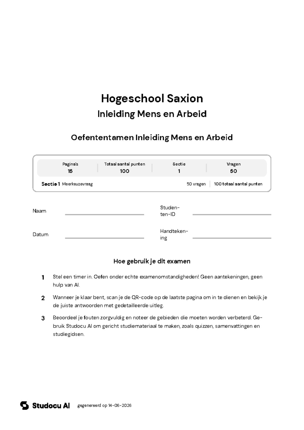 Oefententamen Inleiding Mens en Arbeid - Studeersnel
