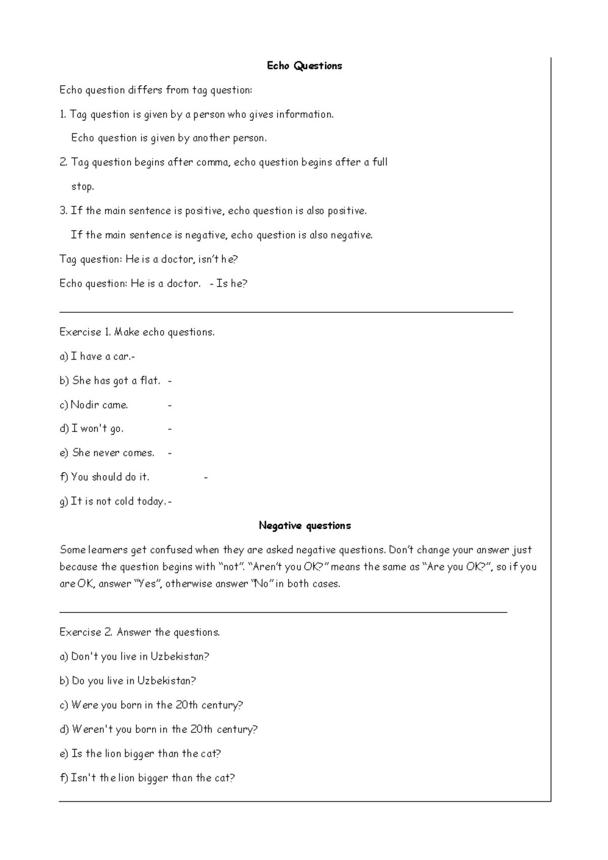 Echo Questions and Negative Questions Exercises (ENG 101) - Studocu
