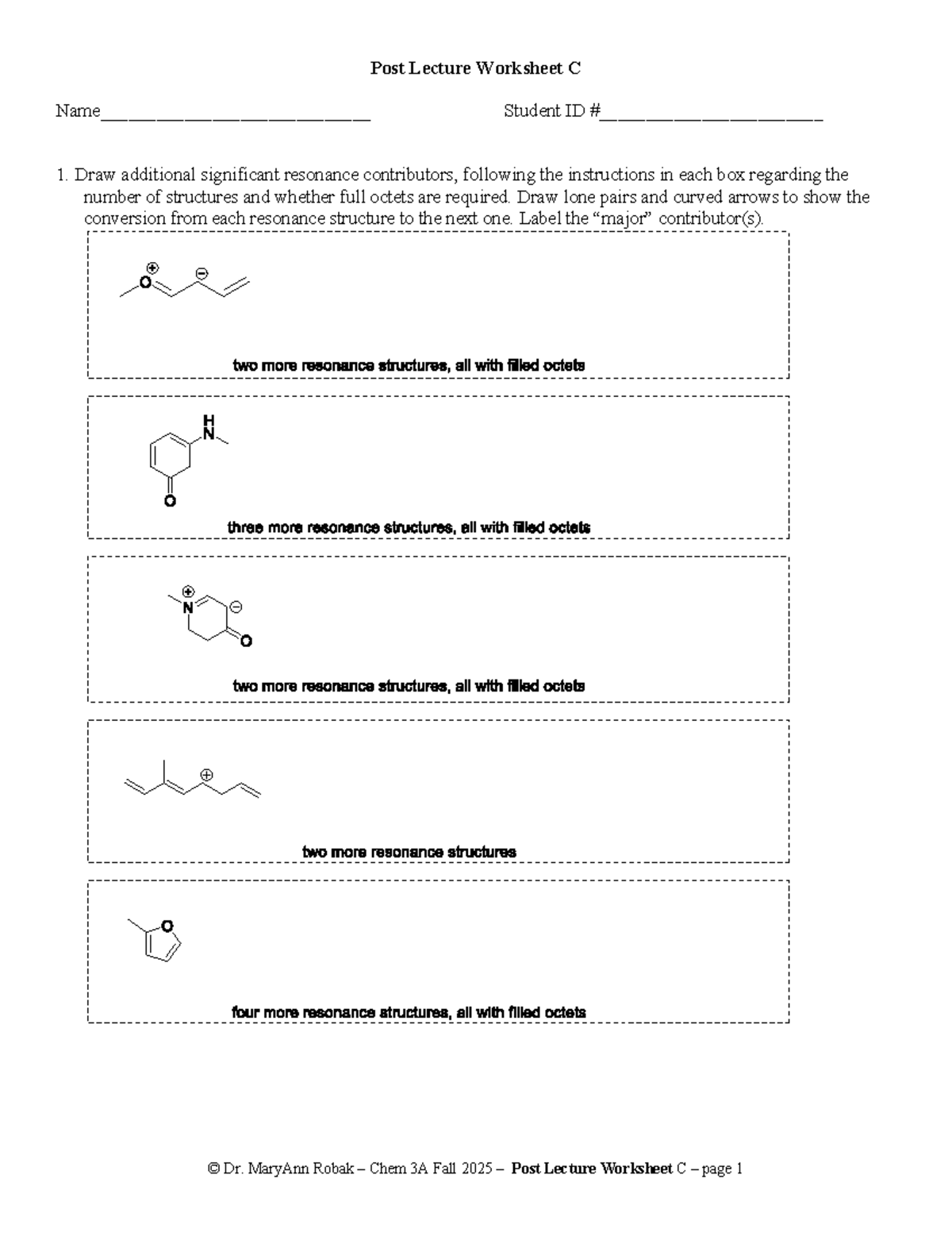 Post Lecture Worksheet C: Resonance Contributors & Mechanisms - Chem 3A ...