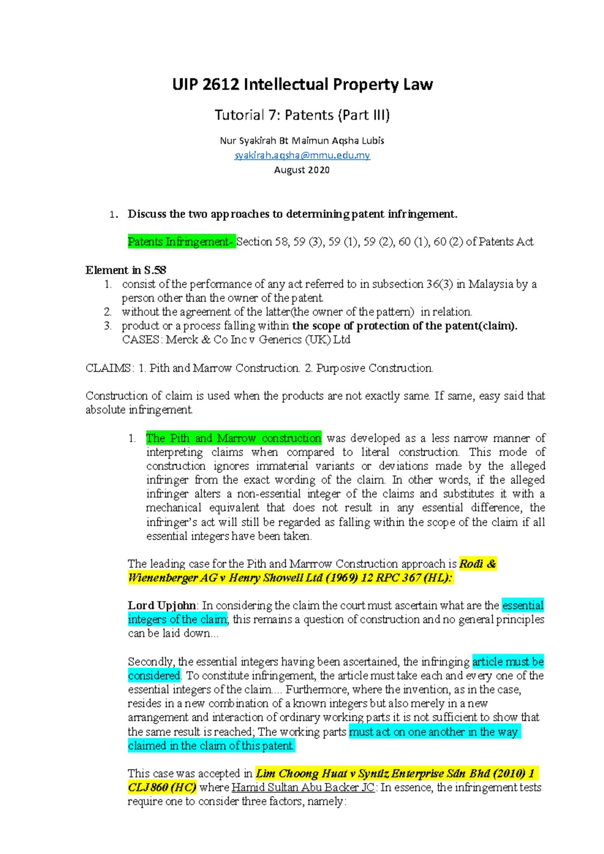 UIP2612 - Tutorial 7: Approaches to Patent Infringement Analysis - Studocu