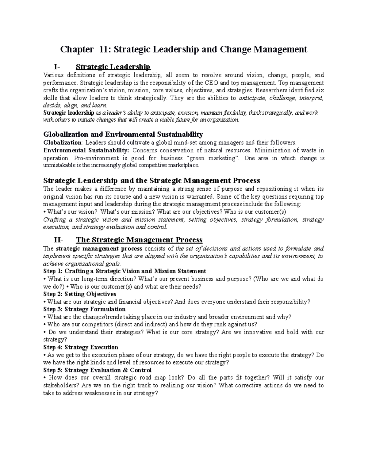 Chapter 11 Summary: Strategic Leadership & Change Management Insights ...