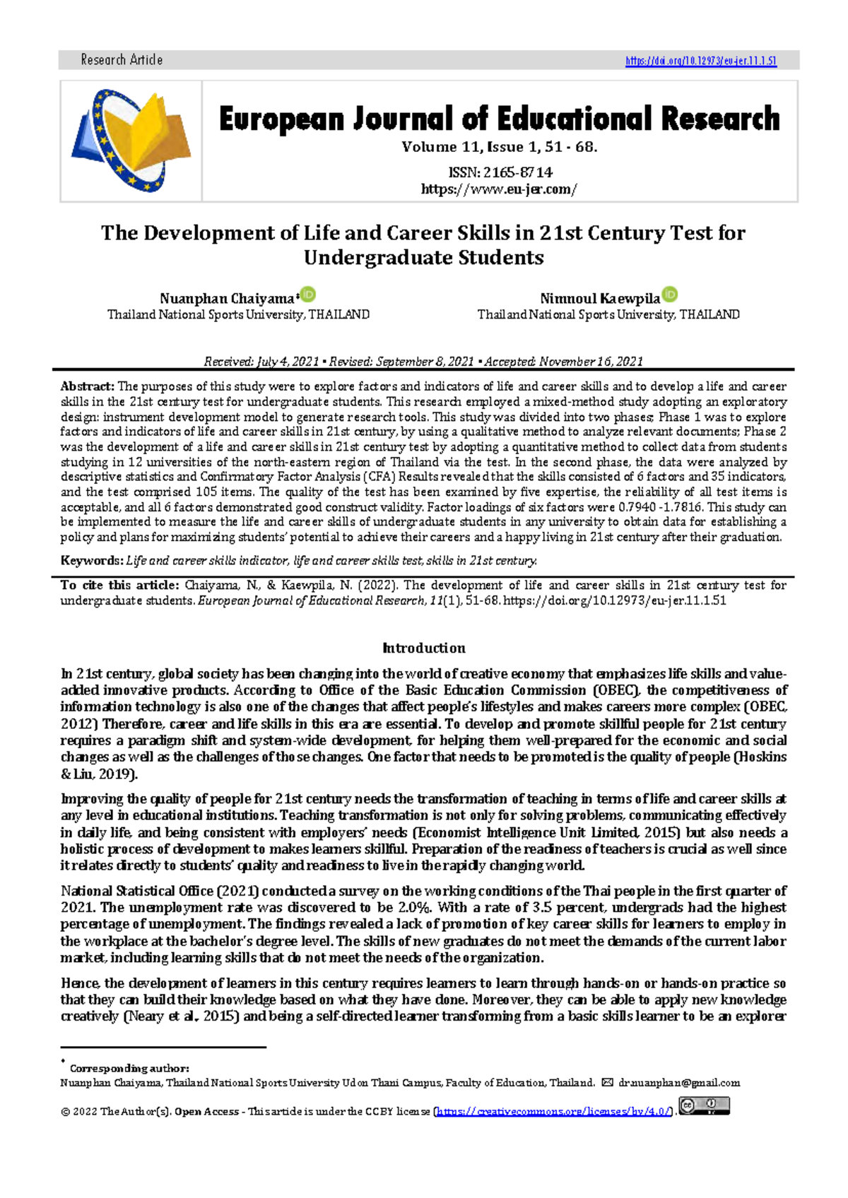 Development of Life and Career Skills Test for Undergraduates (EDU 101 ...