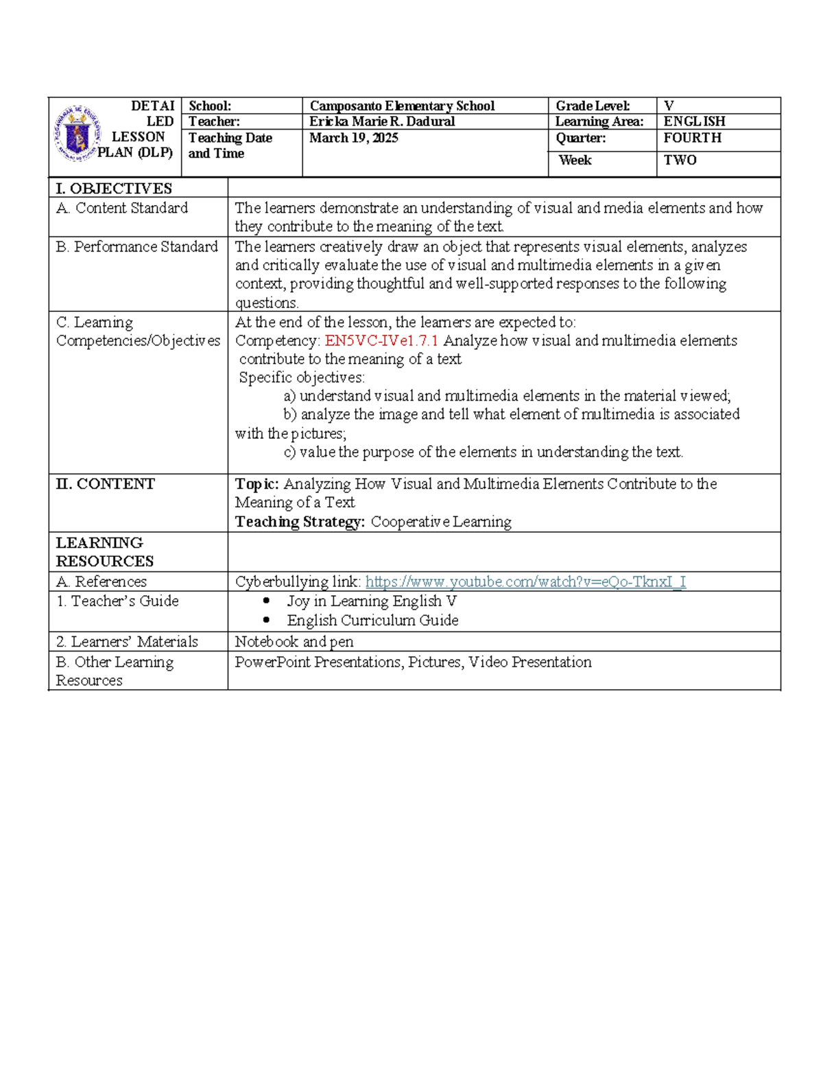 DLP Final DEMO English (2) (1) - DETAI LED LESSON PLAN (DLP) School ...