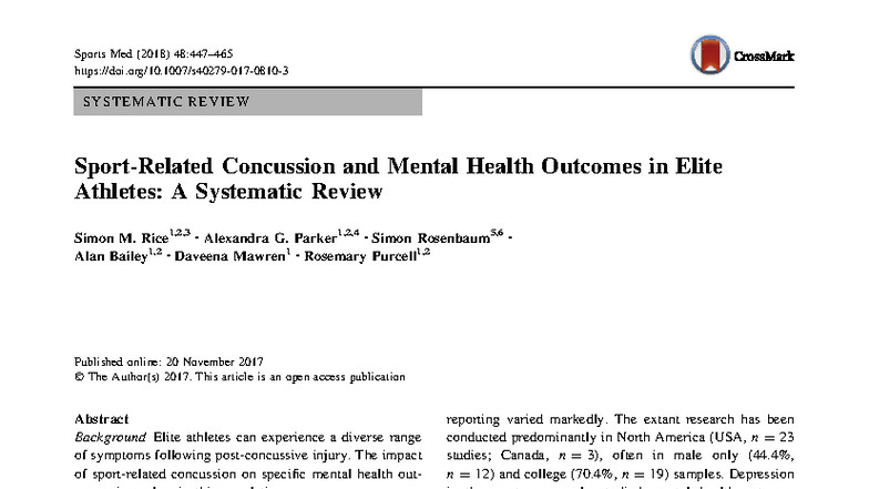 Sports Med (2018) Systematic Review: Concussion & Mental Health in ...