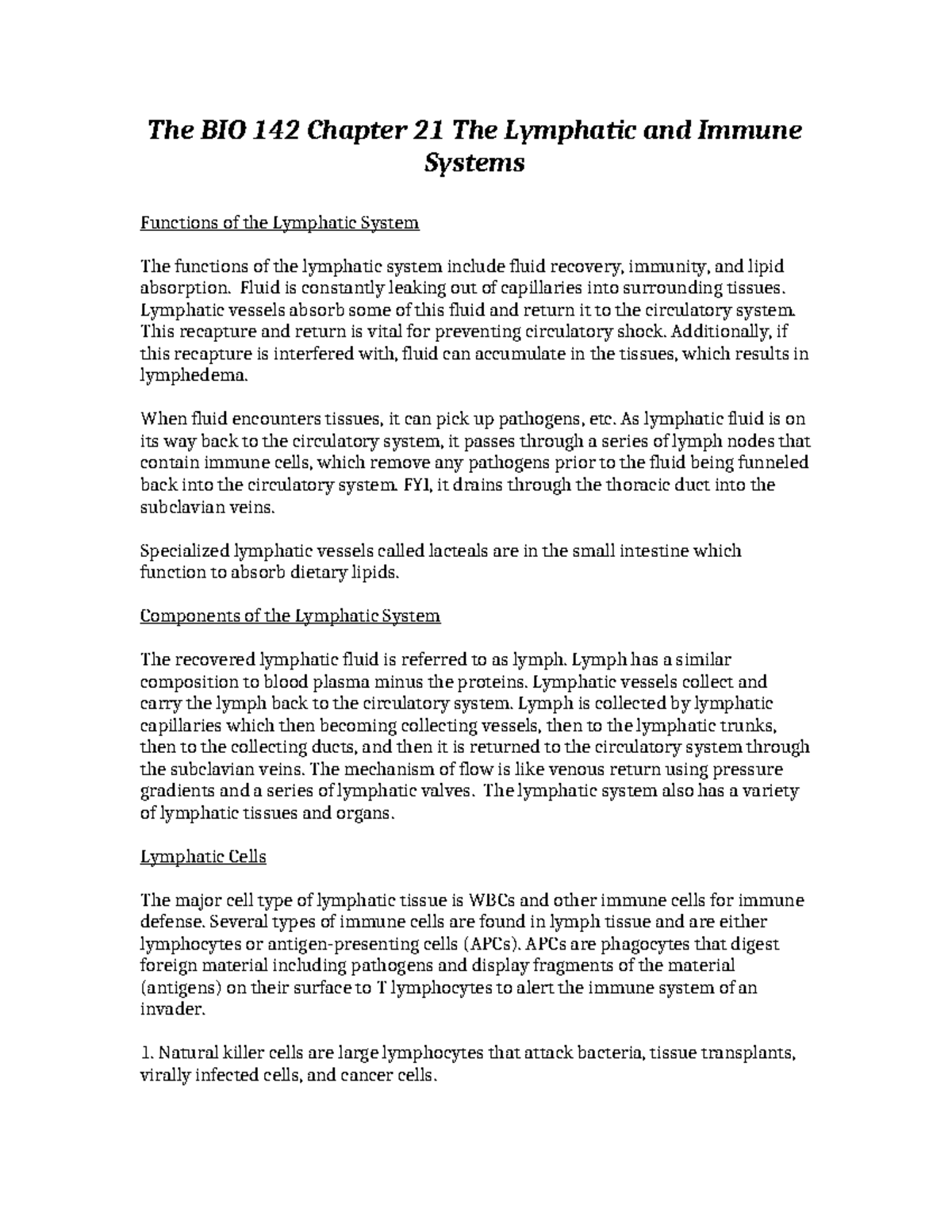 BIO 142 Chapter 21: Functions and Components of the Lymphatic System ...