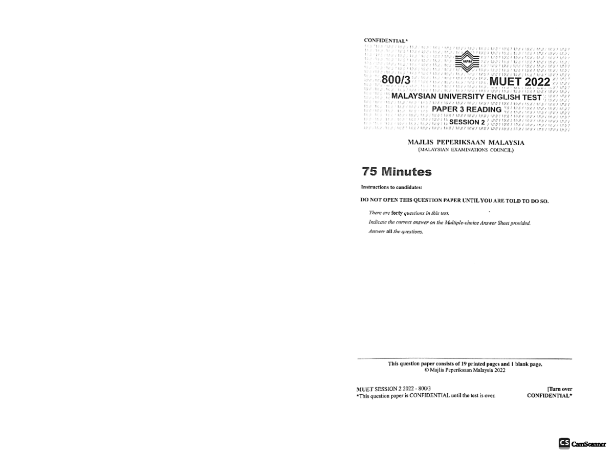 MPM MUET 2022: Reading Paper 2 Past Year Questions Analysis - Studocu