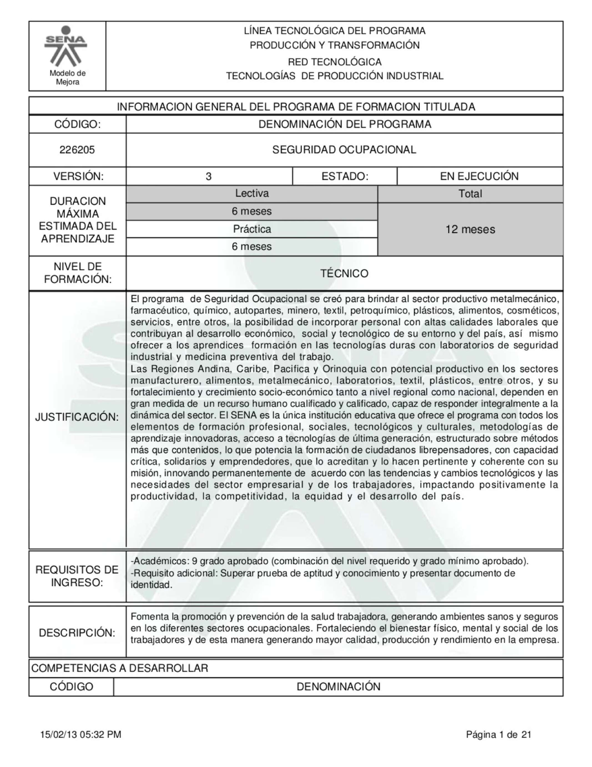 Técnico en Seguridad Ocupacional - Programa SENA 226205 - Document Preview