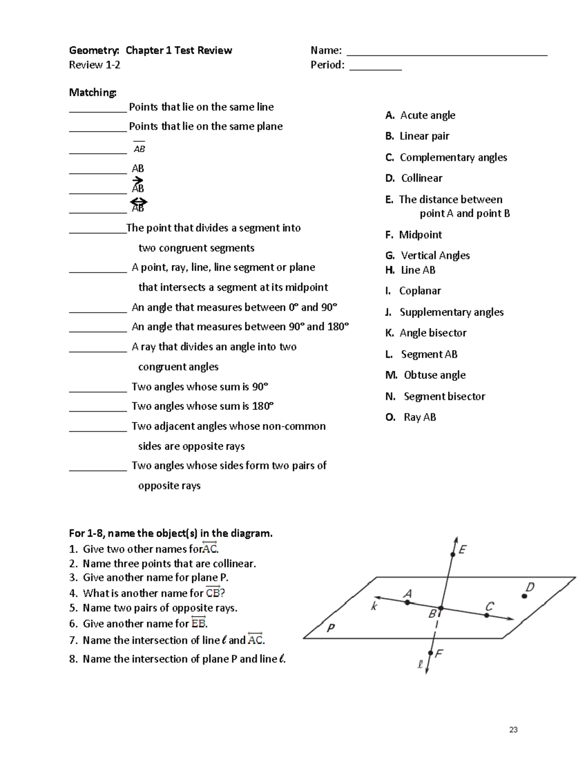 Geometry: Chapter 1 Test Review - Key Concepts & Problems - Studocu