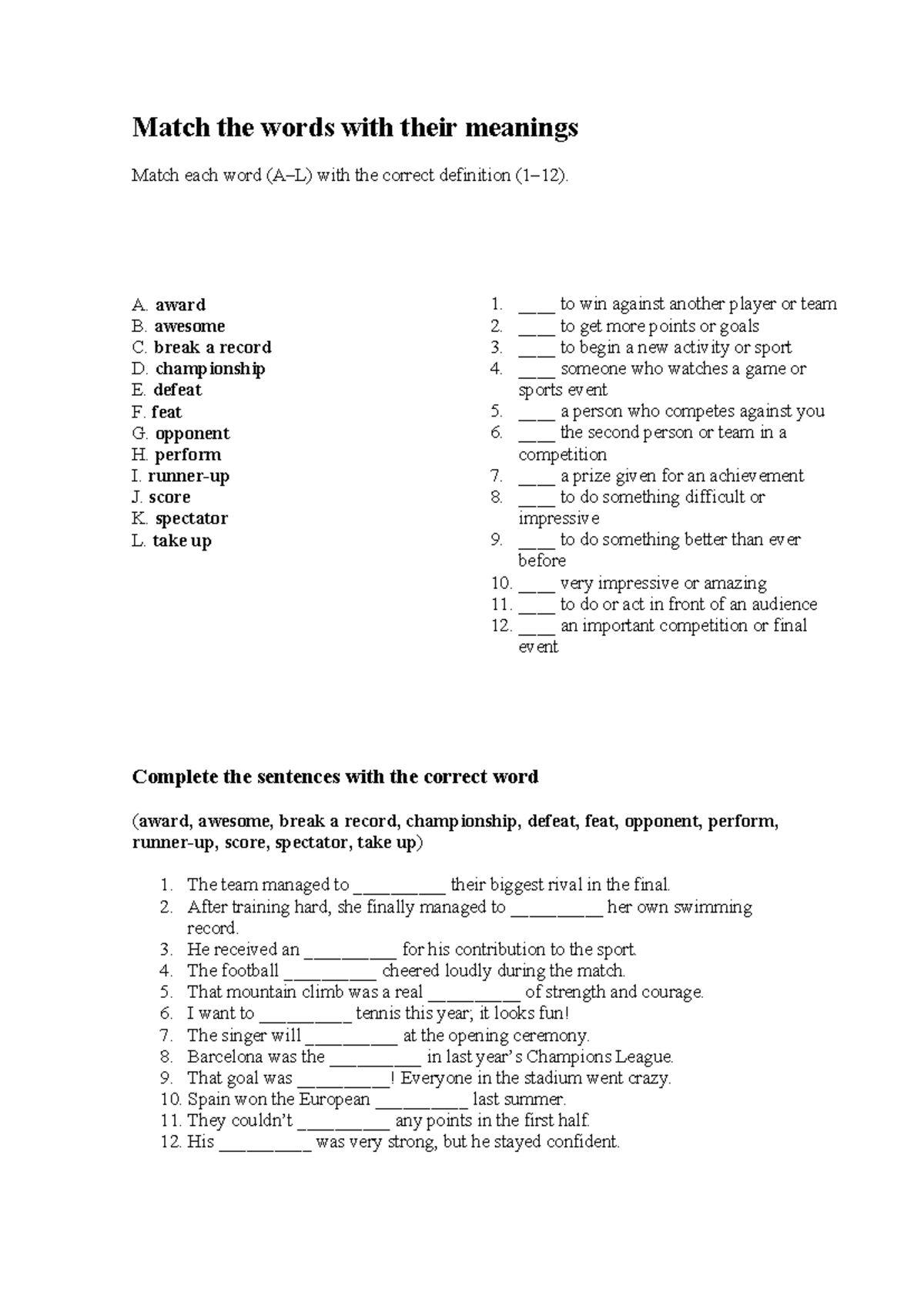 Exercises on Sport: Vocabulary Matching and Sentence Completion - Studocu
