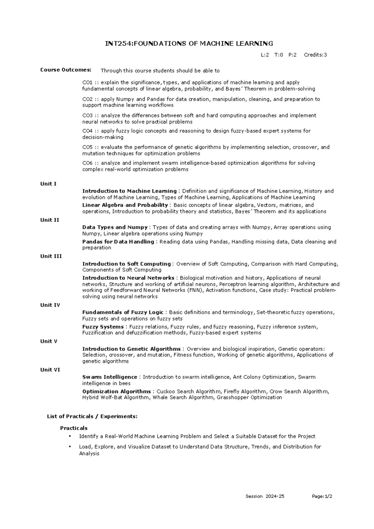 INT254: Foundations of Machine Learning - Course Overview and Outcomes ...