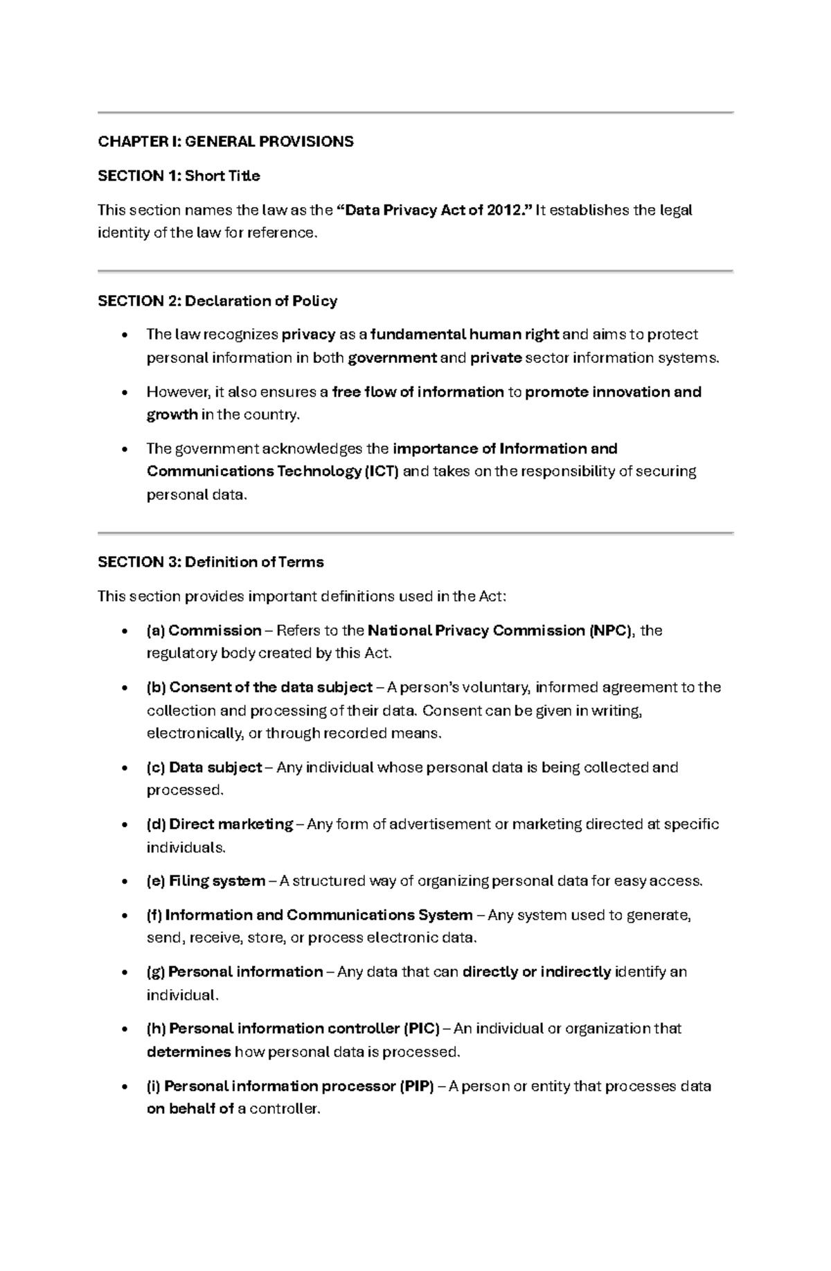 Data Privacy Act of 2012: Overview and Key Provisions Analysis - Studocu