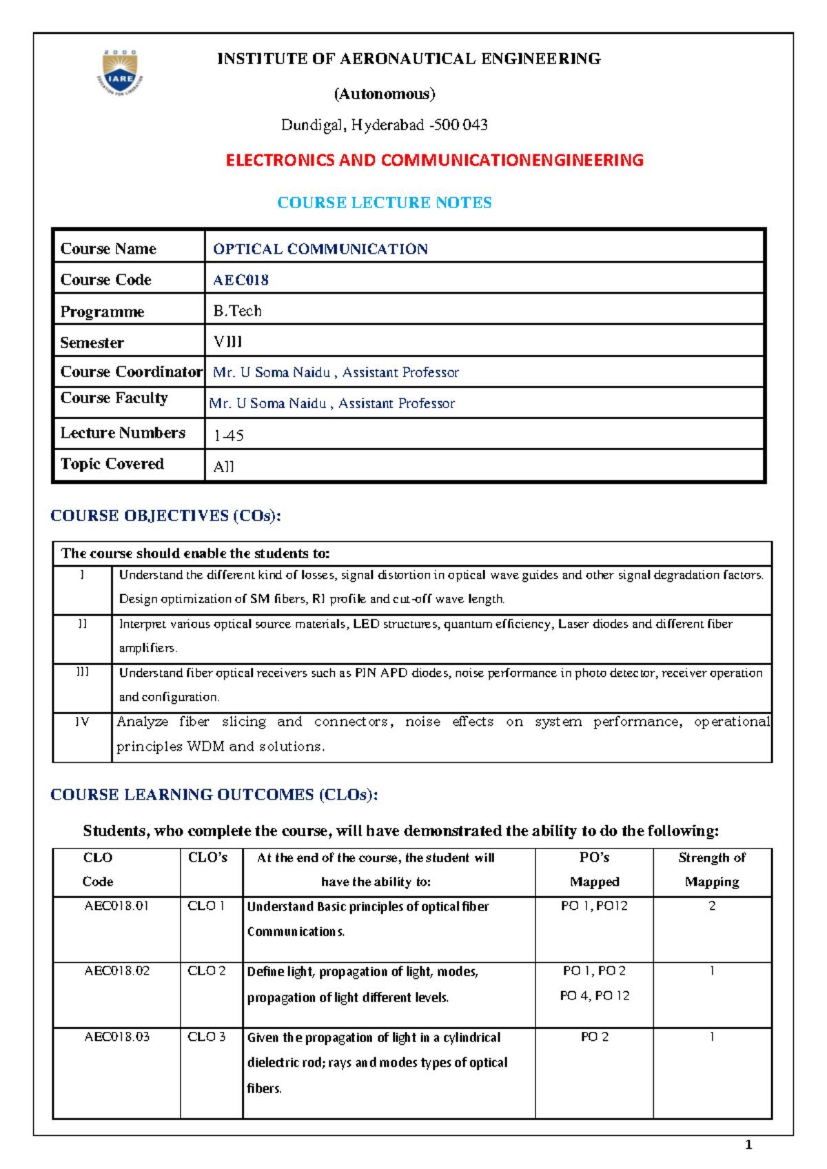 Lecture Notes: Final Dec - Optical Communication (AEC) - Studocu