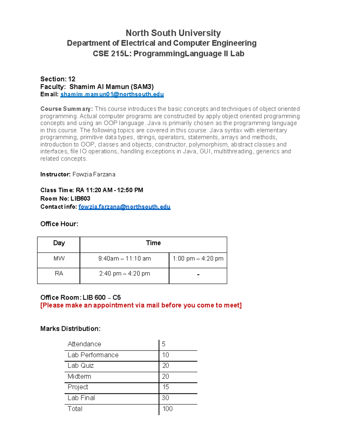 CSE 215L: Programming Language II Lab Outline - Section 12 Fall 253 ...