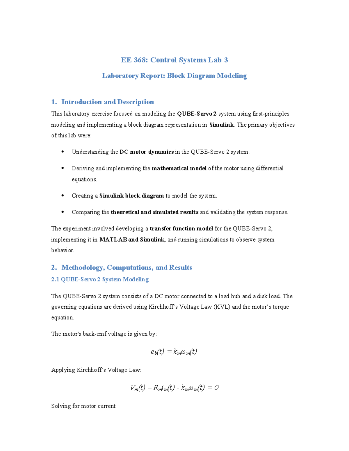 EE 368: Control Systems Lab 3 Report on QUBE-Servo 2 Modeling - Studocu