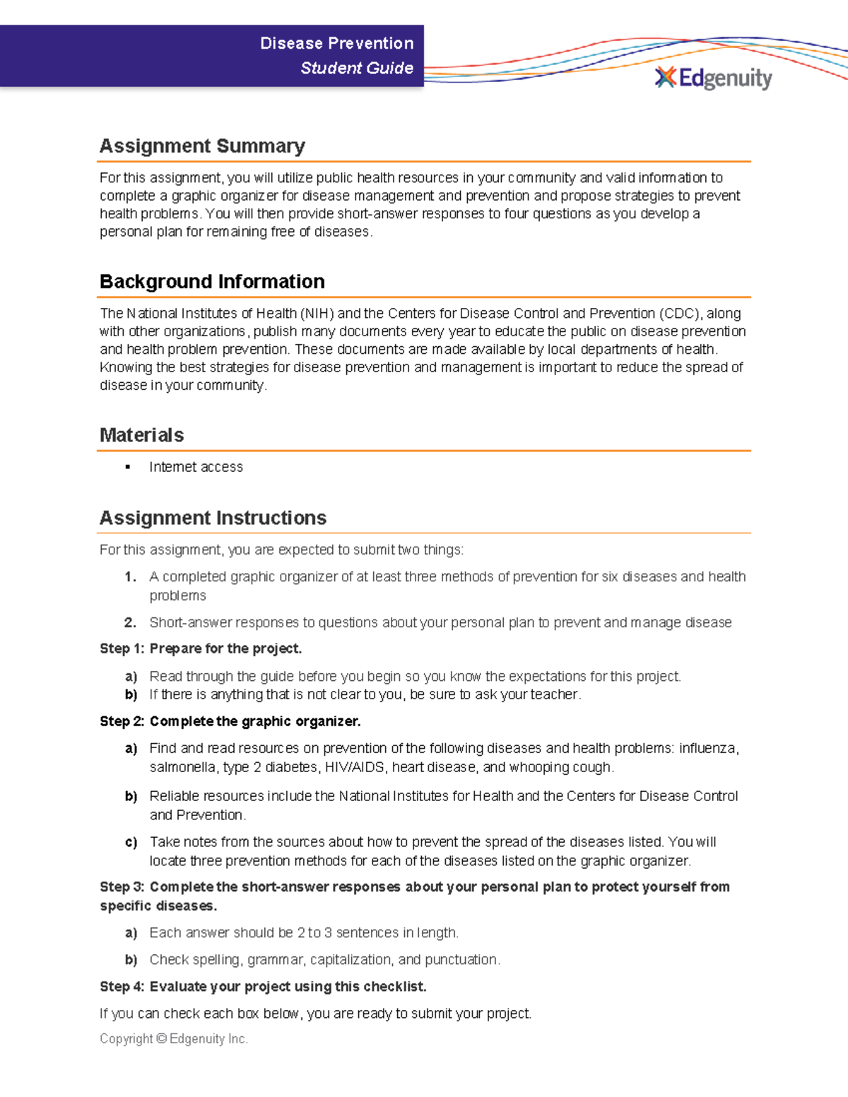 Project-Disease Prevention Student Guide (Assignment Summary) - Studocu