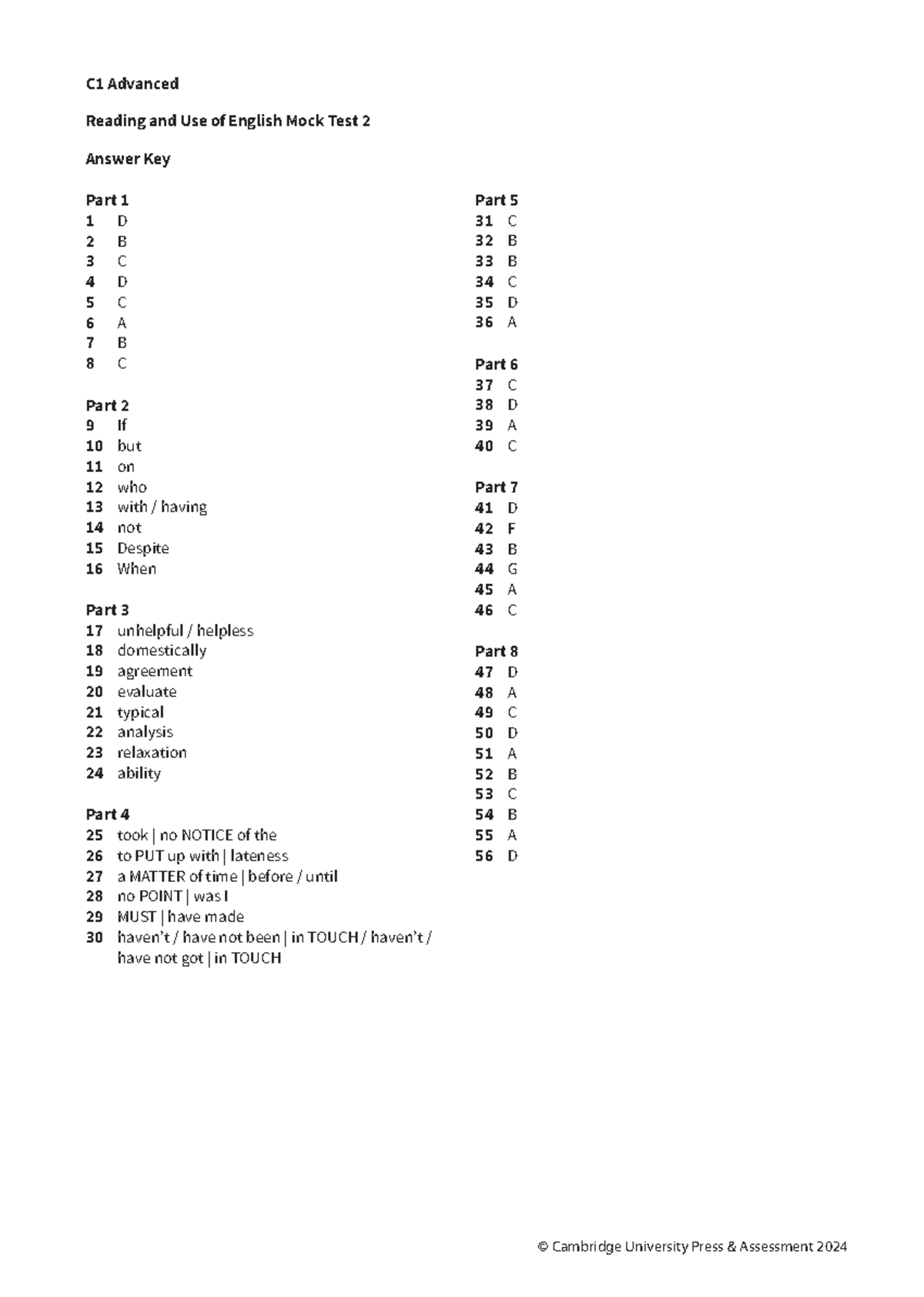 C1 Advanced Practice Test: Reading & Use of English Answer Key - Studocu