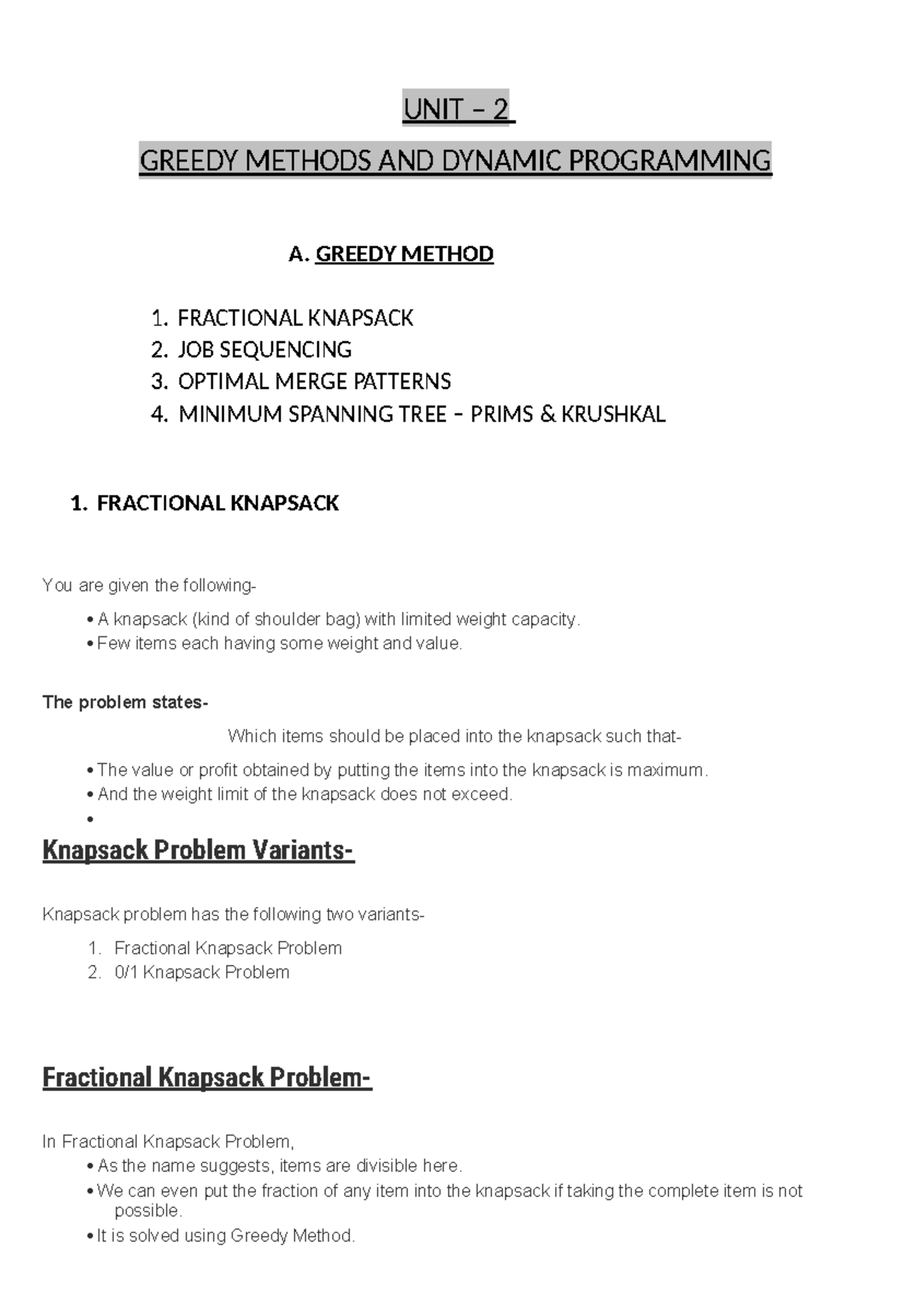 AOA Notes UNIT -2 - aoa - UNIT – 2 GREEDY METHODS AND DYNAMIC ...