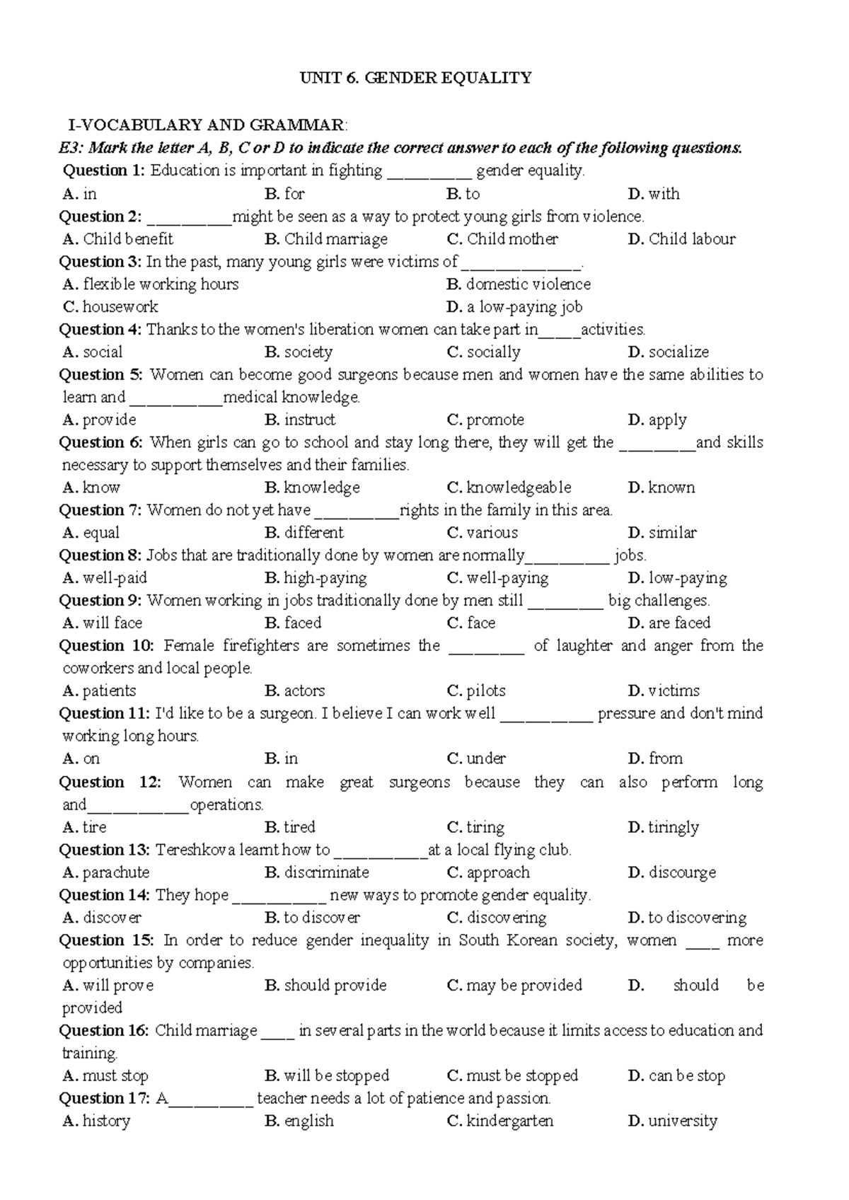 UNIT 6: GENDER EQUALITY AND GRAMMAR - E3 & E5 Exercises with Answers ...