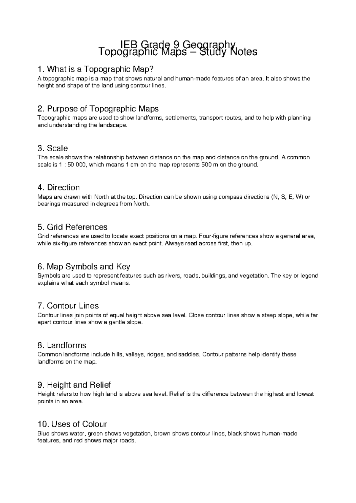 IEB Grade 9 Geography Topographic Maps Study Notes - Studocu