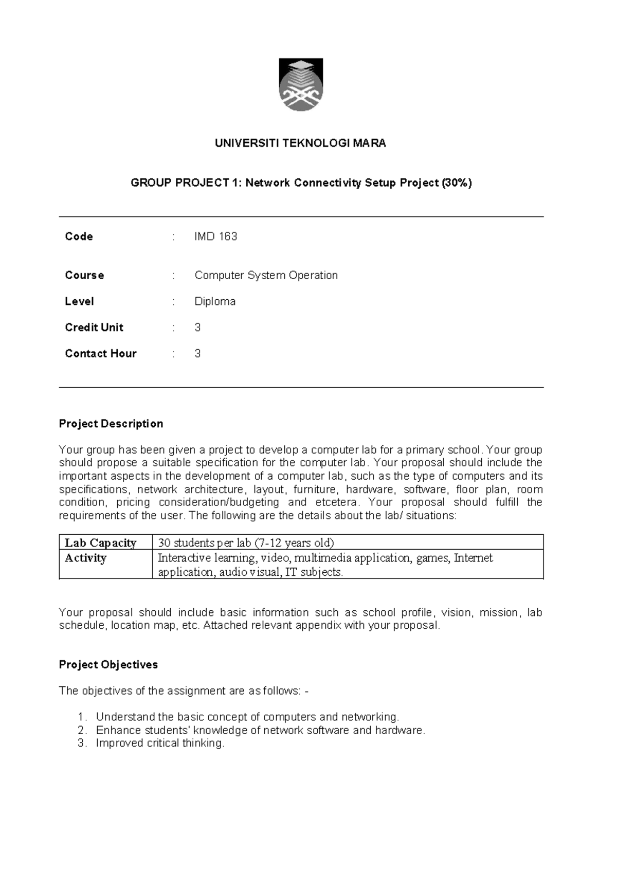 Group Project 1 - Network - UNIVERSITI TEKNOLOGI MARA GROUP PROJECT 1 ...