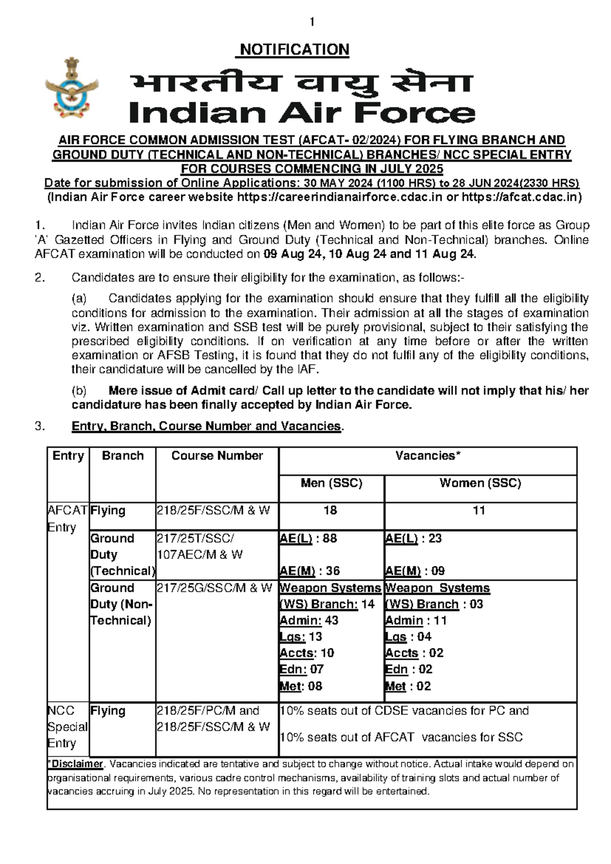 Eng selish Notification Afcat 02-2024 - AIR FORCE COMMON ADMISSION TEST ...