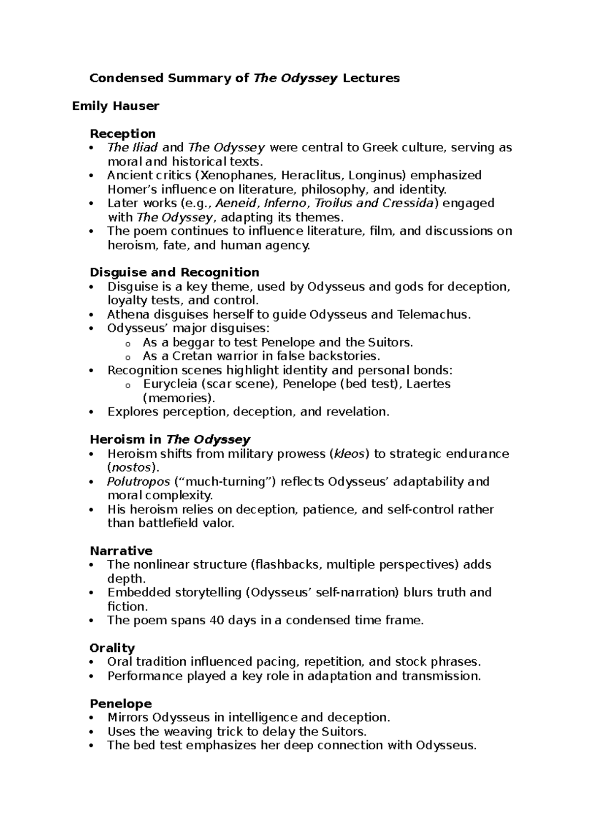Condensed Summary of The Odyssey Lectures (ENG 210) - Studocu