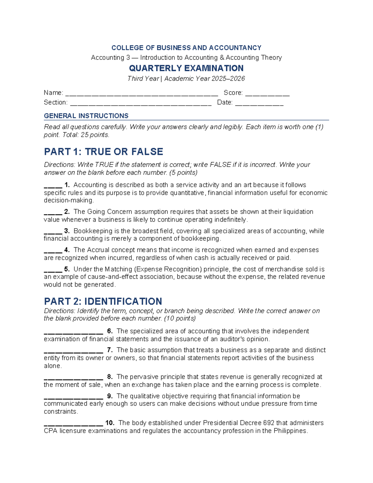 Accounting 3 Quarterly Exam Review: True/False, Identification & MCQ ...