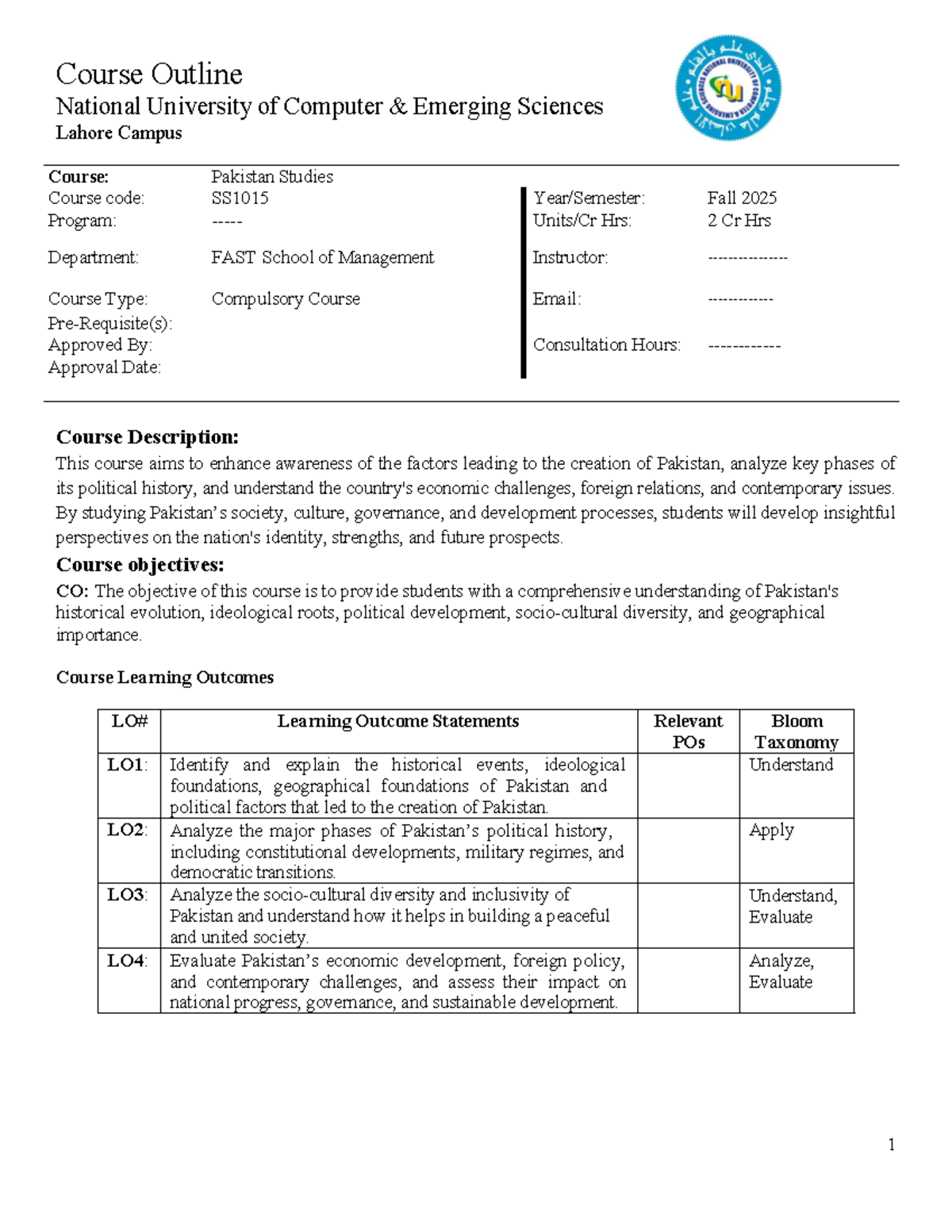 Pakistan Studies SS1015 Course Outline - Fall 2025 - Studocu