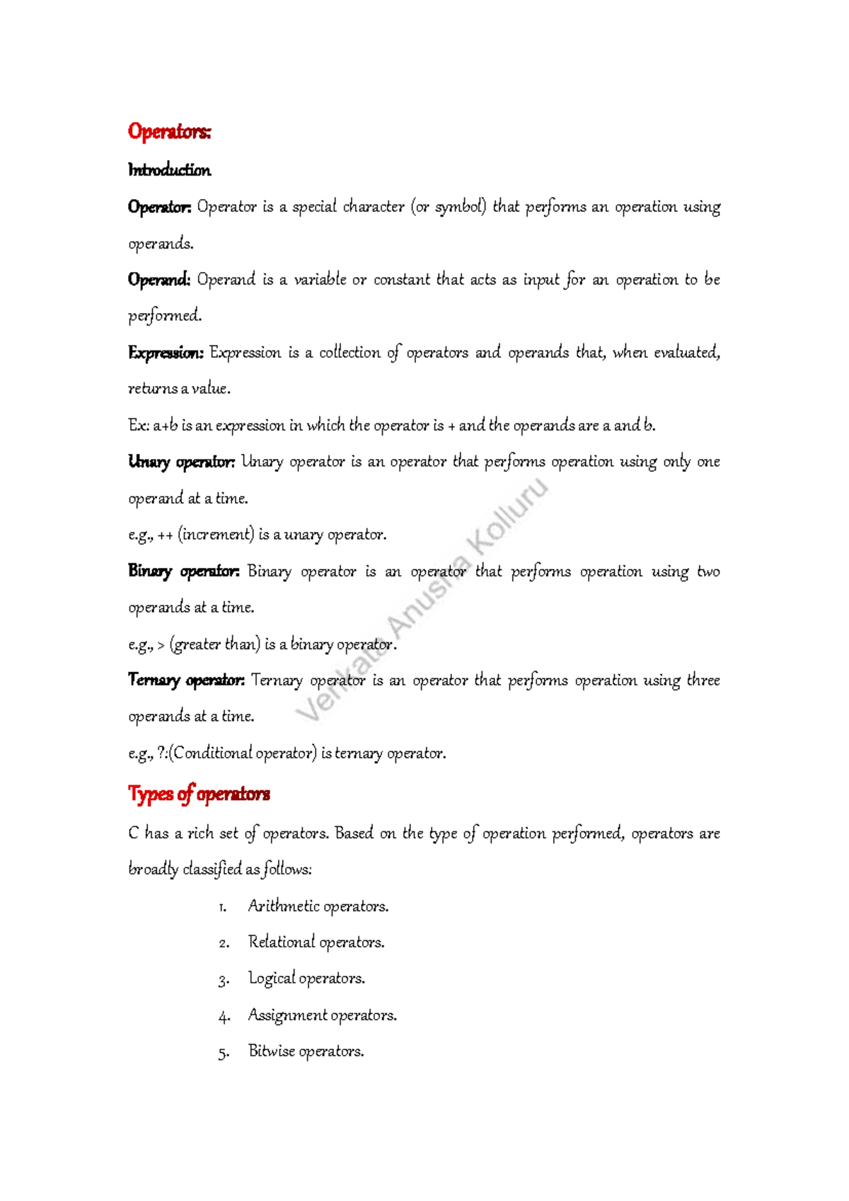 C Programming Operators: Comprehensive Lecture Notes (CS101) - Studocu