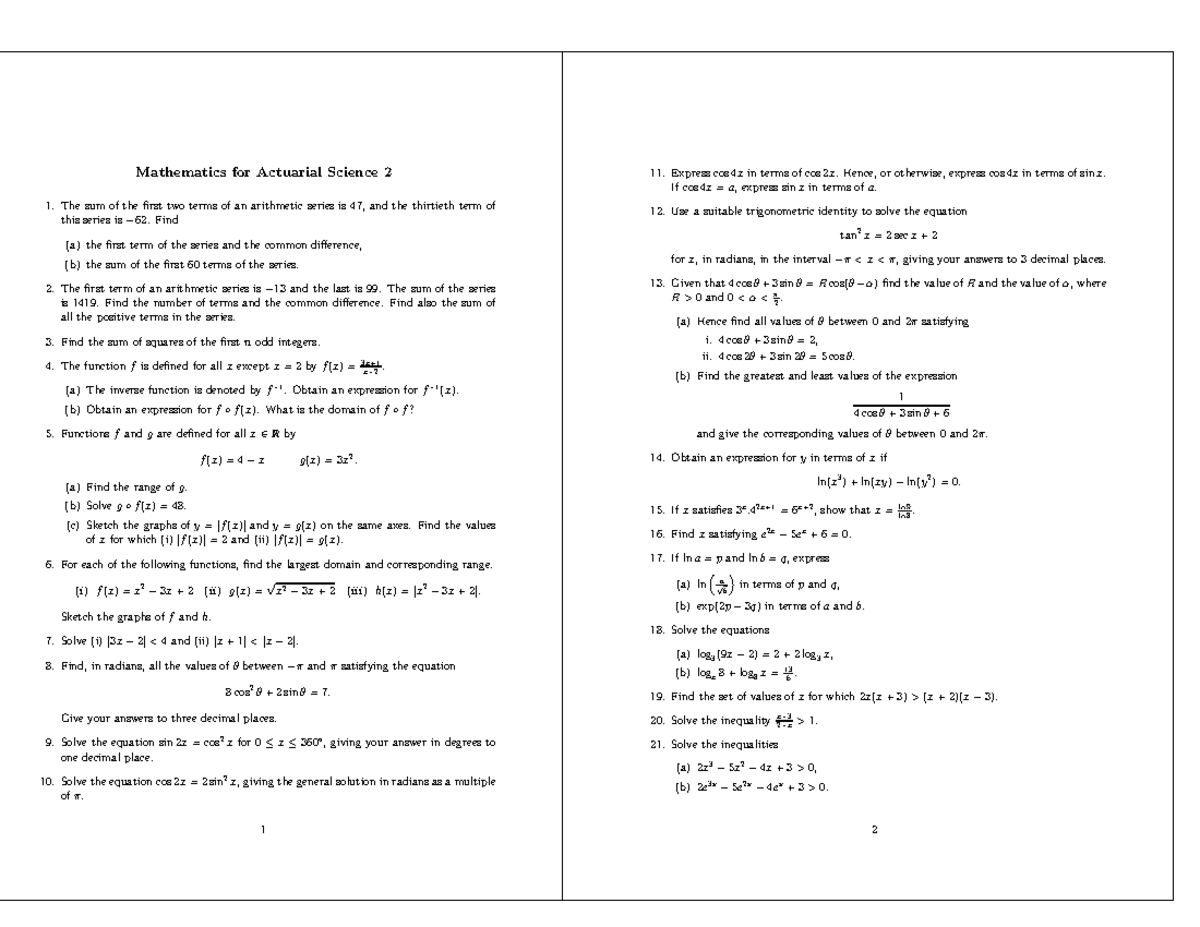 2009-2010 Exercise Sheet 2 - Mathematics for Actuarial Science 2 1. The ...