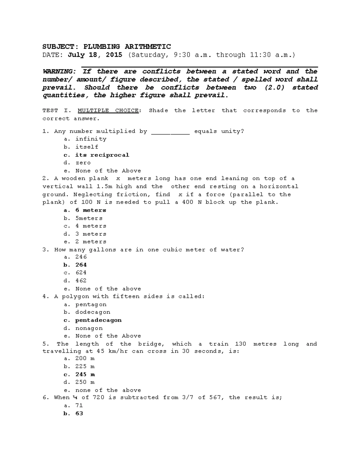 Sample Basic Problems for Master Plumber Exam Preparation - Studocu