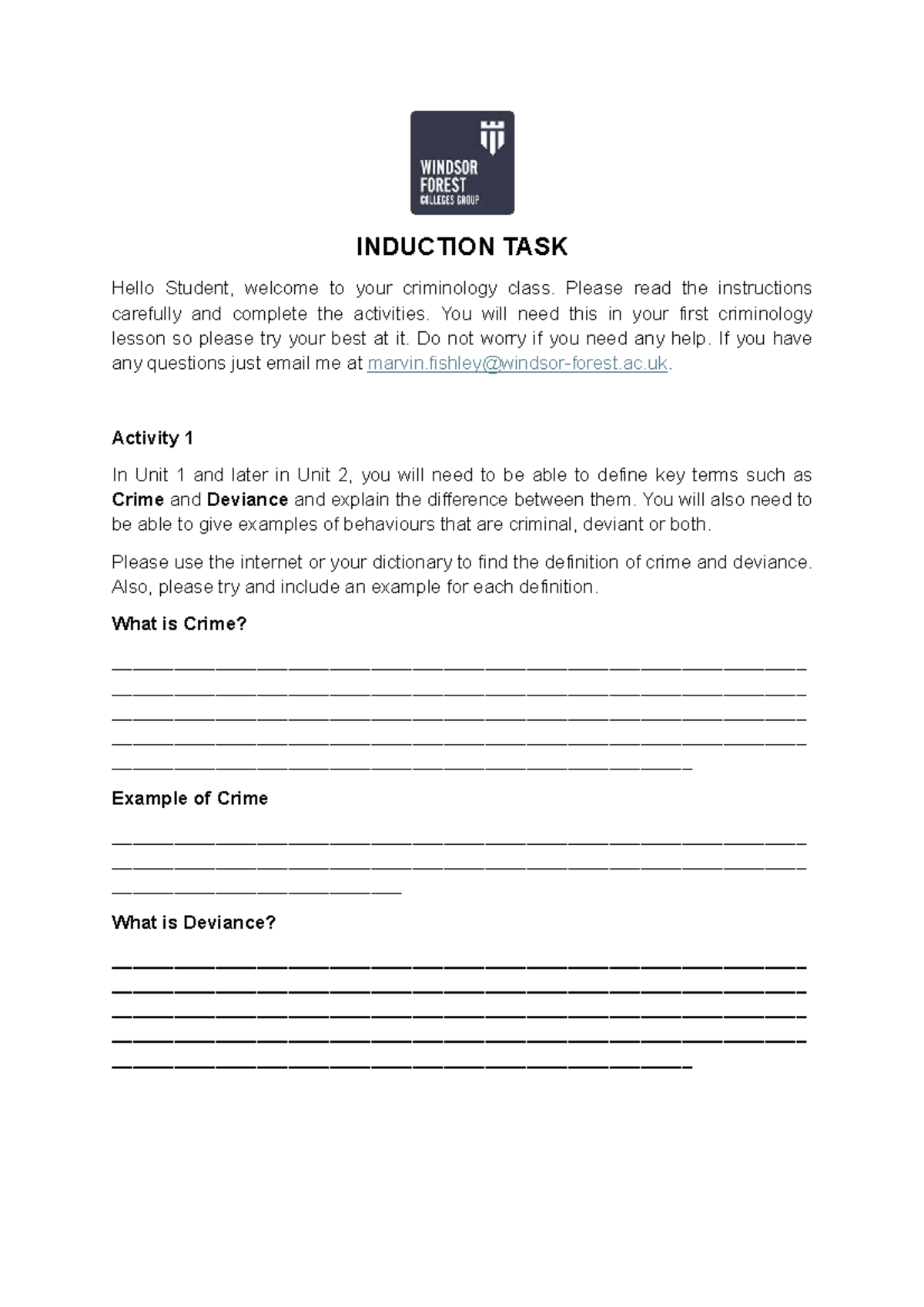 Criminology 101: Induction Task for Unit 1 Activities - Studocu