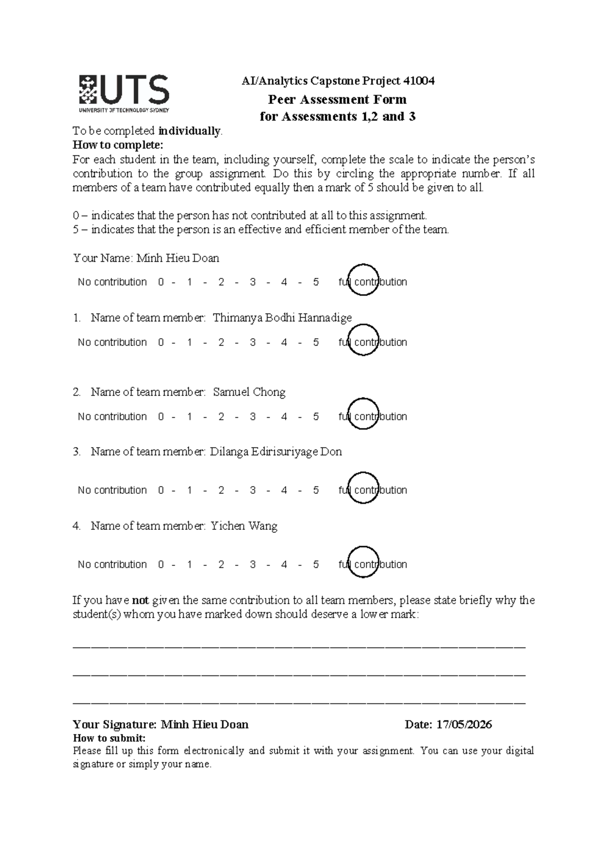 Capstone Project 41004 Peer Assessment Form for Group Assignments - Studocu