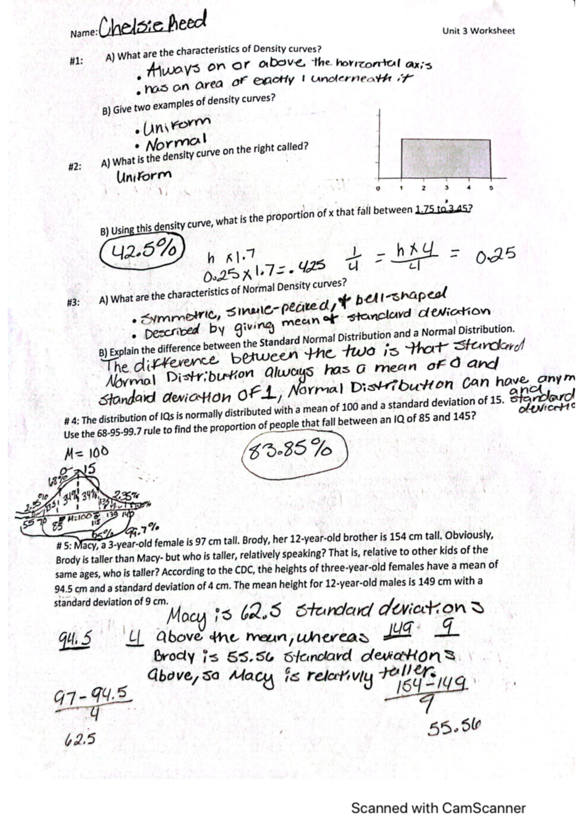 Unit 3 Worksheet on Density Curves and Normal Distribution - Studocu