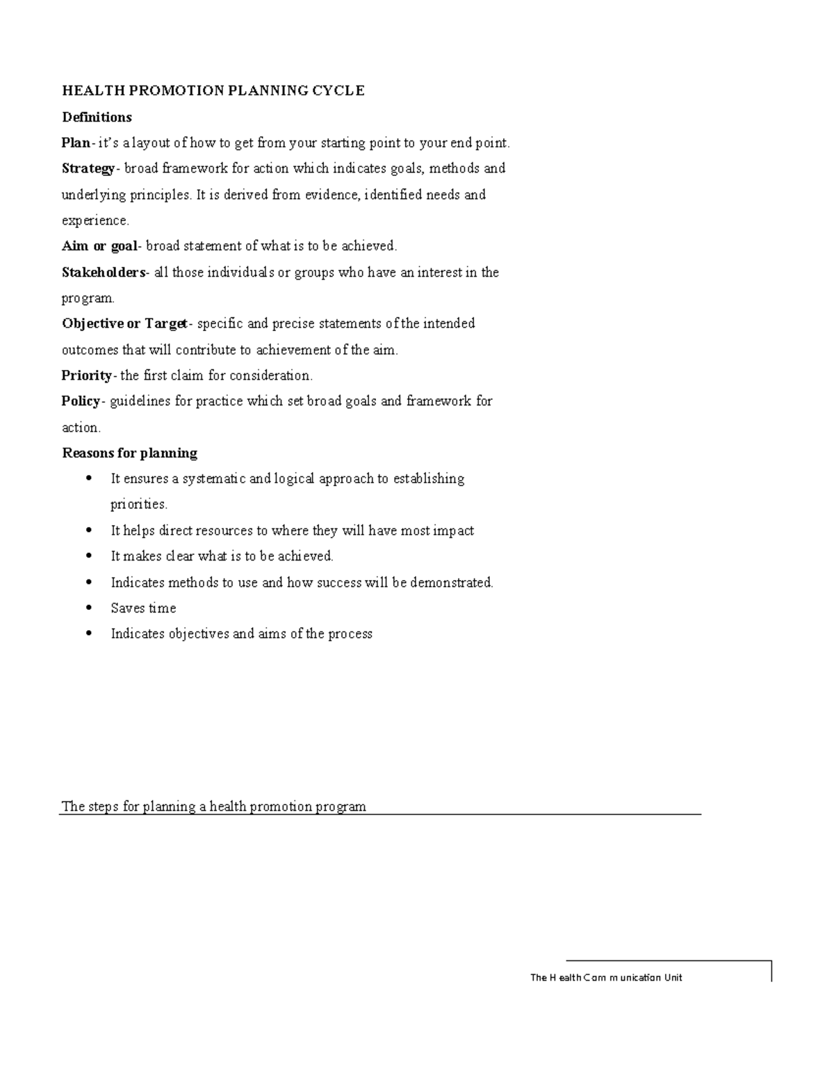 Health Promotion Planning Cycle: Steps and Strategies for Success - Studocu