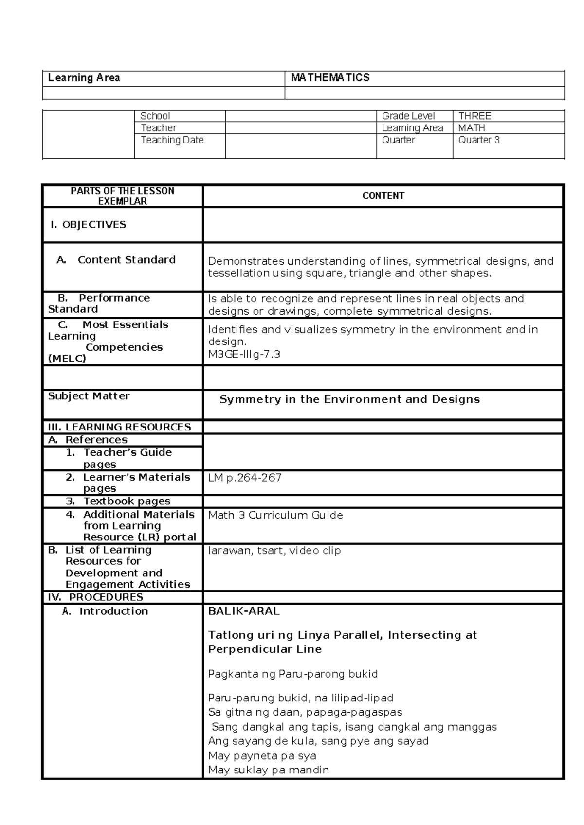 COT MATH 3 Q3 - Learning Area MATHEMATICS School Grade Level THREE ...