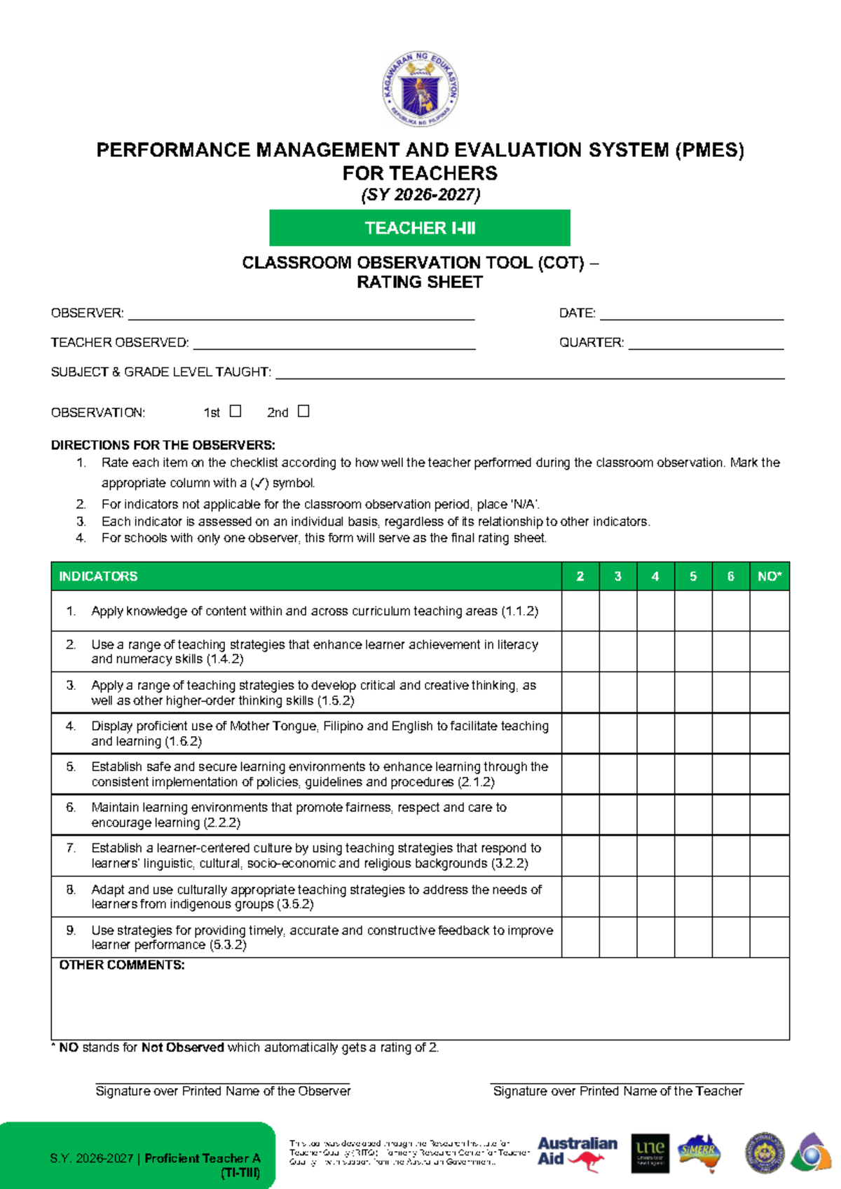 PPST 2026-2027: Teacher Performance Evaluation & Observation Tool - Document Preview