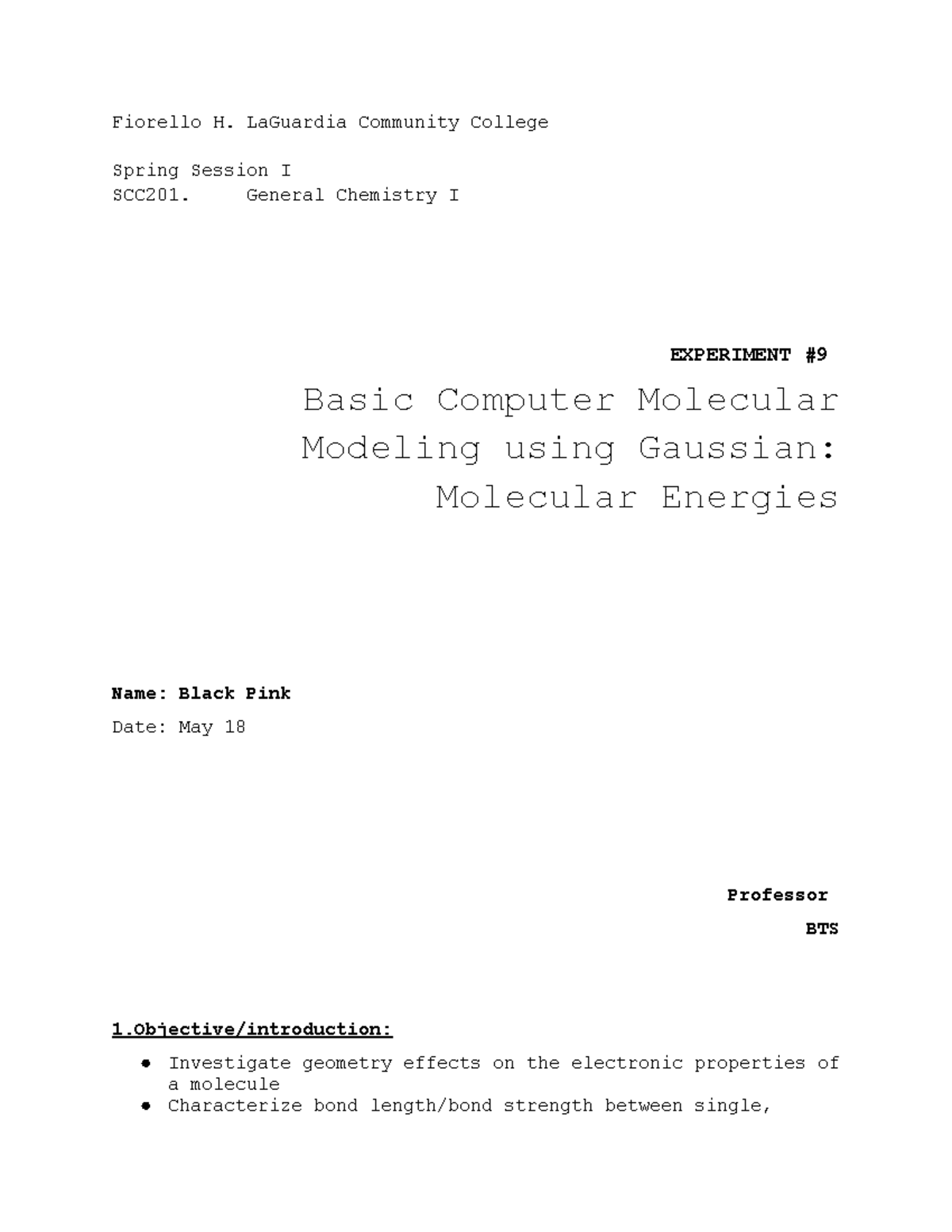 SCC201 - Lab 9: Basic Computer Modeling with Gaussian on Molecular ...