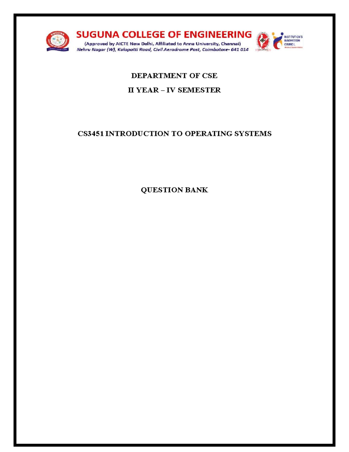 CS3451 QUESTION BANK: INTRODUCTION TO OPERATING SYSTEMS - Studocu