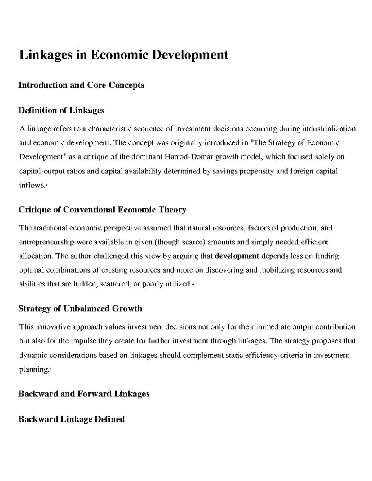 Linkages in Economic Development: Concepts and Implications (ECO 101 ...